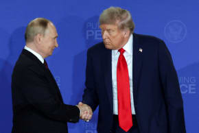 US President Donald Trump and Russian President Vladimir Putin shake hands during a press conference following their meeting to negotiate an end to the war in Ukraine, at Joint Base Elmendorf-Richardson in Anchorage, Alaska, US, August 15, 2025.