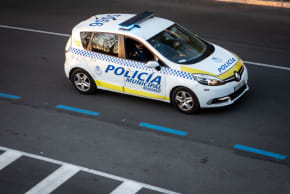 A Police car is seen patrolling at Paseo de Yeserias Street on March 17, 2020 in Madrid, Spain.