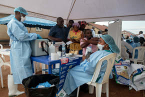 Health workers and humanitarian responders on the front lines of the Ebola response gather to receive a vaccination due to their potential exposure to the virus as part of their work with suspected cases, including contacts, as aid agencies intensify efforts to contain the Ebola outbreak involving t
