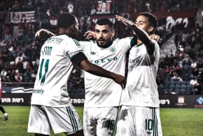 Maccabi Haifa players celebrate during a recent victory as Barak Bachar’s Greens continue their resurgence, climbing to second place in the Israeli Premier League and emerging as serious contenders in the championship race.