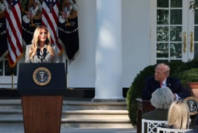 US first lady Melania Trump speaks next to President Donald Trump at a signing ceremony of an executive order on women's health, spearheaded by first lady Melania Trump, in the Rose Garden at the White House in Washington, DC, US, October 19, 2026. 