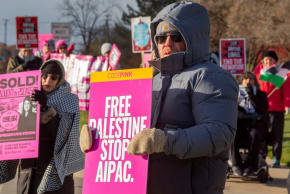 Activists picket US Rep. Haley Stevens' suburban Detroit office to protest her acceptance of campaign funding from AIPAC, in Farmington Hills, Michigan on Nov. 10, 2025.