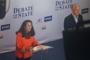 Republican US Senator Dan Sullivan and Democratic US Senate candidate Mary Peltola participate in a debate in Anchorage, Alaska, US, October 15, 2026. 
