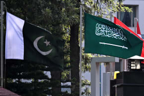 National flags of Pakistan (L) and Saudi Arabia flutter at Pakistan's Ministry of Foreign Affairs premises in Islamabad on March 29, 2026. Foreign ministers from Pakistan, Saudi Arabia, Egypt and Turkey met on March 29 for talks on the war in the Middle East, with Islamabad acting as a go-between fo