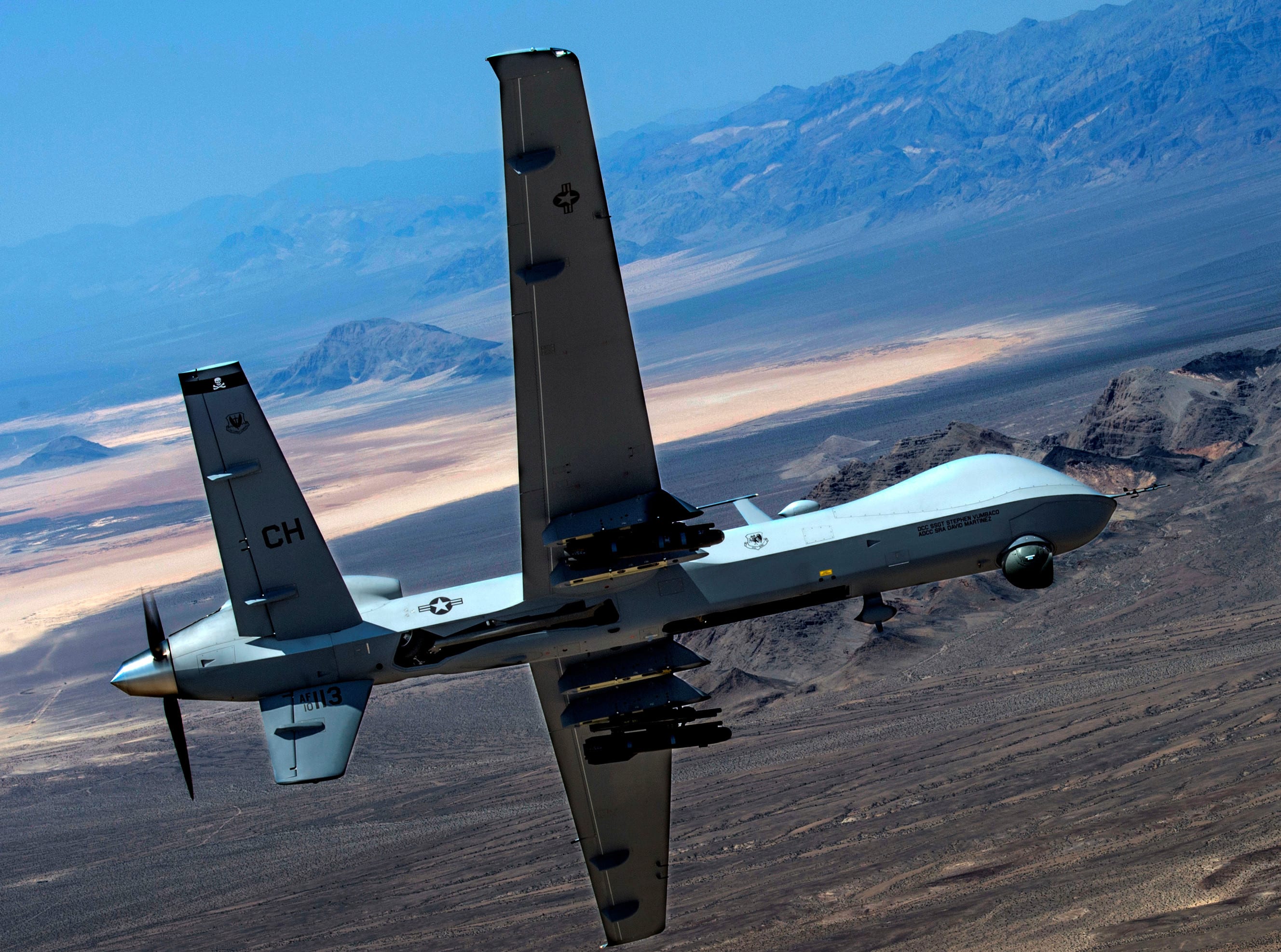 An MQ-9 Reaper remotely piloted drone aircraft performs aerial maneuvers over Creech Air Force Base, Nevada, US, June 25, 2015. (photo credit: US AIR FORCE/SENIOR AIRMAN CORY D. PAYNE/HANDOUT VIA REUTERS)