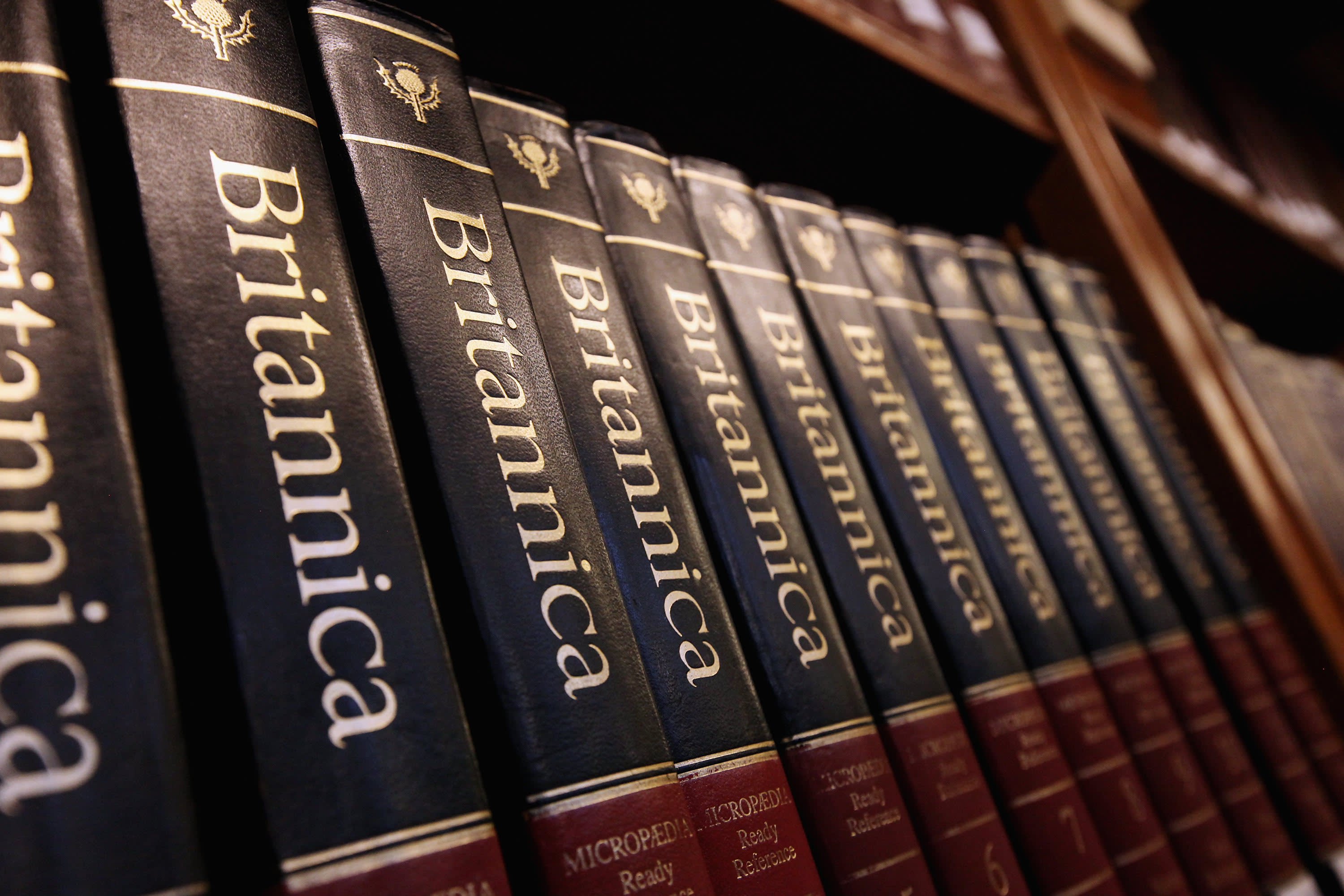 Encyclopedia Britannica editions are seen at the New York Public Library on March 14, 2012 in New York City. Encyclopedia Britannica announced it will be ceasing its print edition of reference books for the first time in its 244-year history to focus solely on digital versions. (photo credit: Mario Tama/Getty Images)