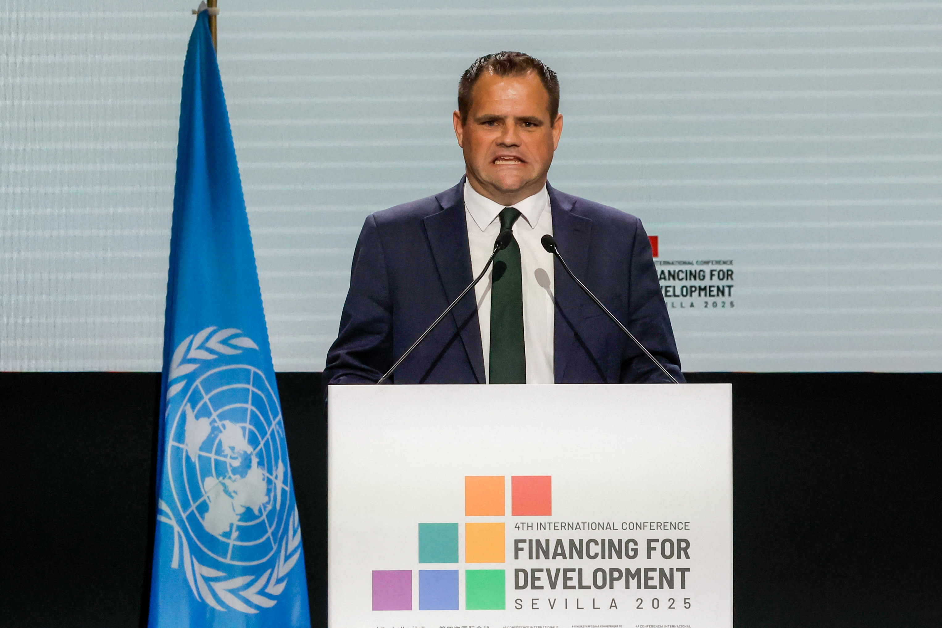 Minister of State for International Development and Diaspora in Ireland Neale Richmond takes part in the fifth plenary meeting, during the 4th International Conference on Financing for Development, in Seville, Spain, July 2, 2025 (photo credit: REUTERS/JON NAZCA)