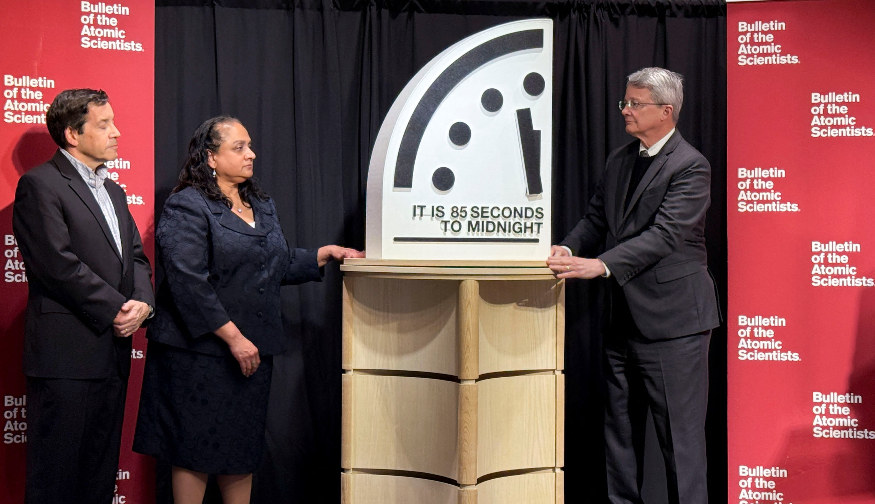 The location of the minute hand on its Doomsday Clock has been revealed, indicating what world developments mean for the perceived likelihood of nuclear catastrophe, during a town-hall in Washington, DC, US, January 23, 2026. (photo credit: REUTERS/Kevin Fogarty)