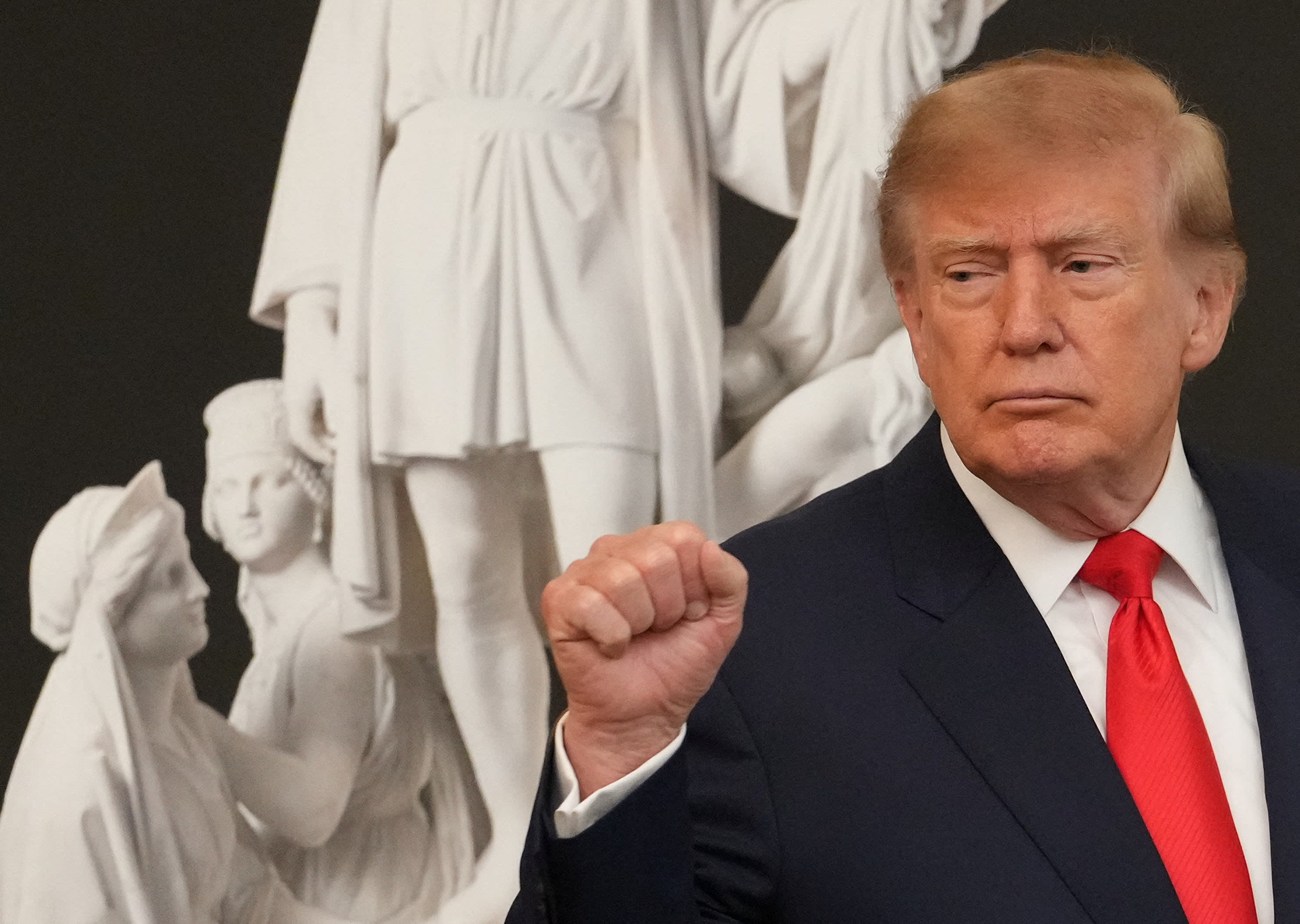 US President Donald Trump gestures at the end of a Columbus Day celebration in the East Room of the White House in Washington, DC, US, October 9, 2026.  (photo credit: Eric Lee/Reuters)