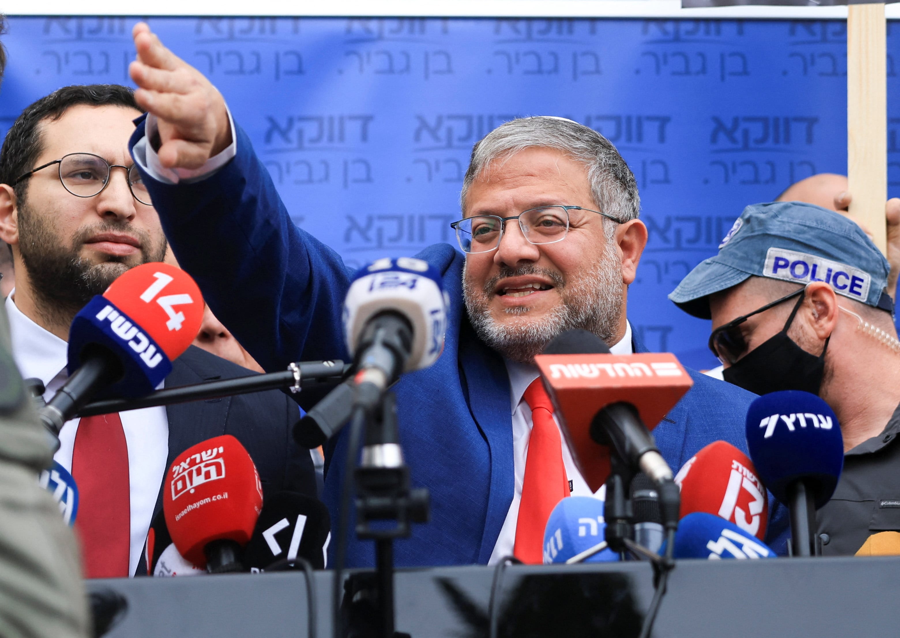 National Security Minister Itamar Ben-Gvir gestures on the day the Supreme Court hears a petition seeking to force the prime minister to oust him, in Jerusalem. (photo credit: RONEN ZVULUN/REUTERS)
