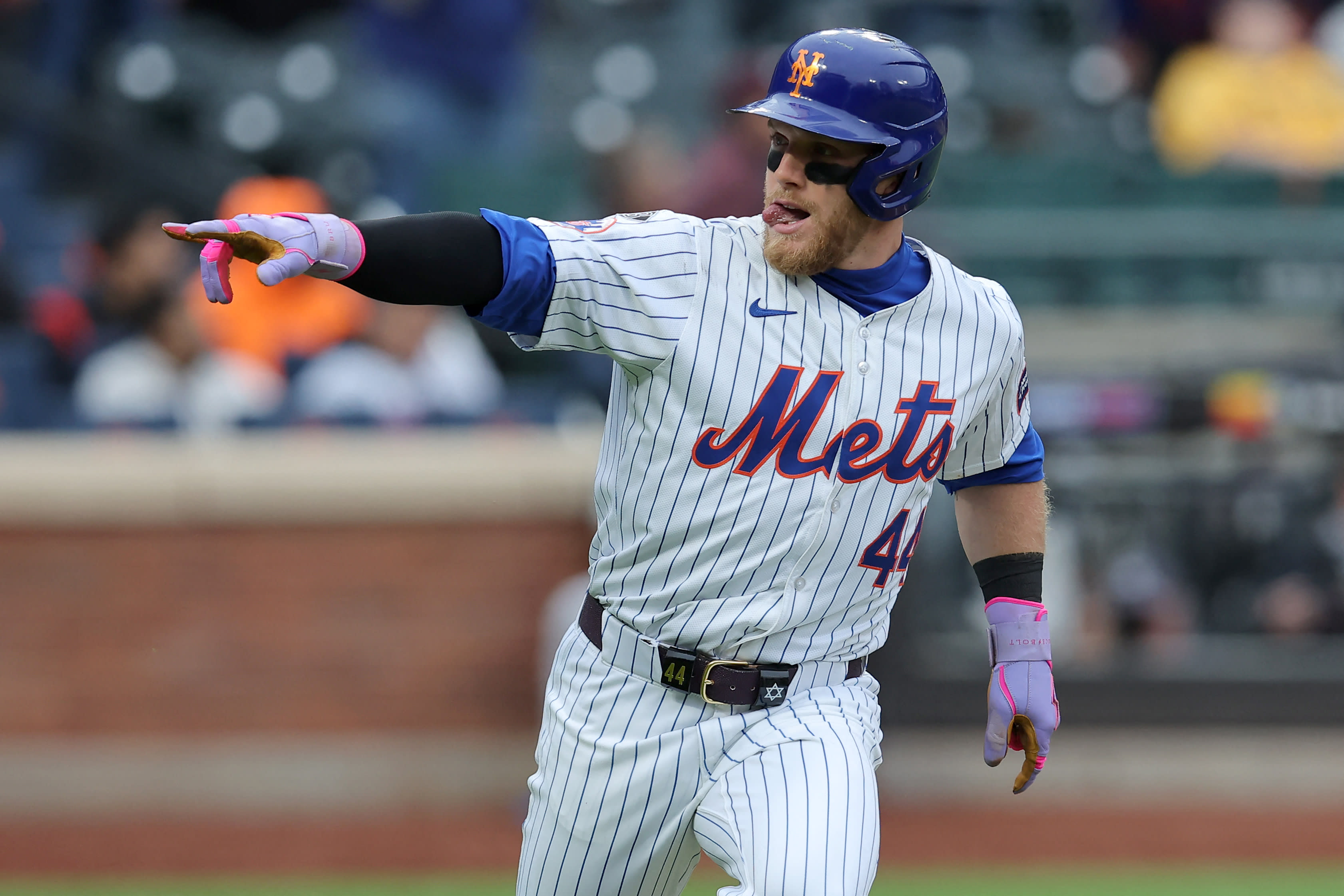  Apr 17, 2024; New York City, New York, USA; New York Mets center fielder Harrison Bader (44) reacts as he rounds the bases after hitting a two run home run against the Pittsburgh Pirates during the sixth inning at Citi Field.  (photo credit:  Brad Penner-USA TODAY Sports)