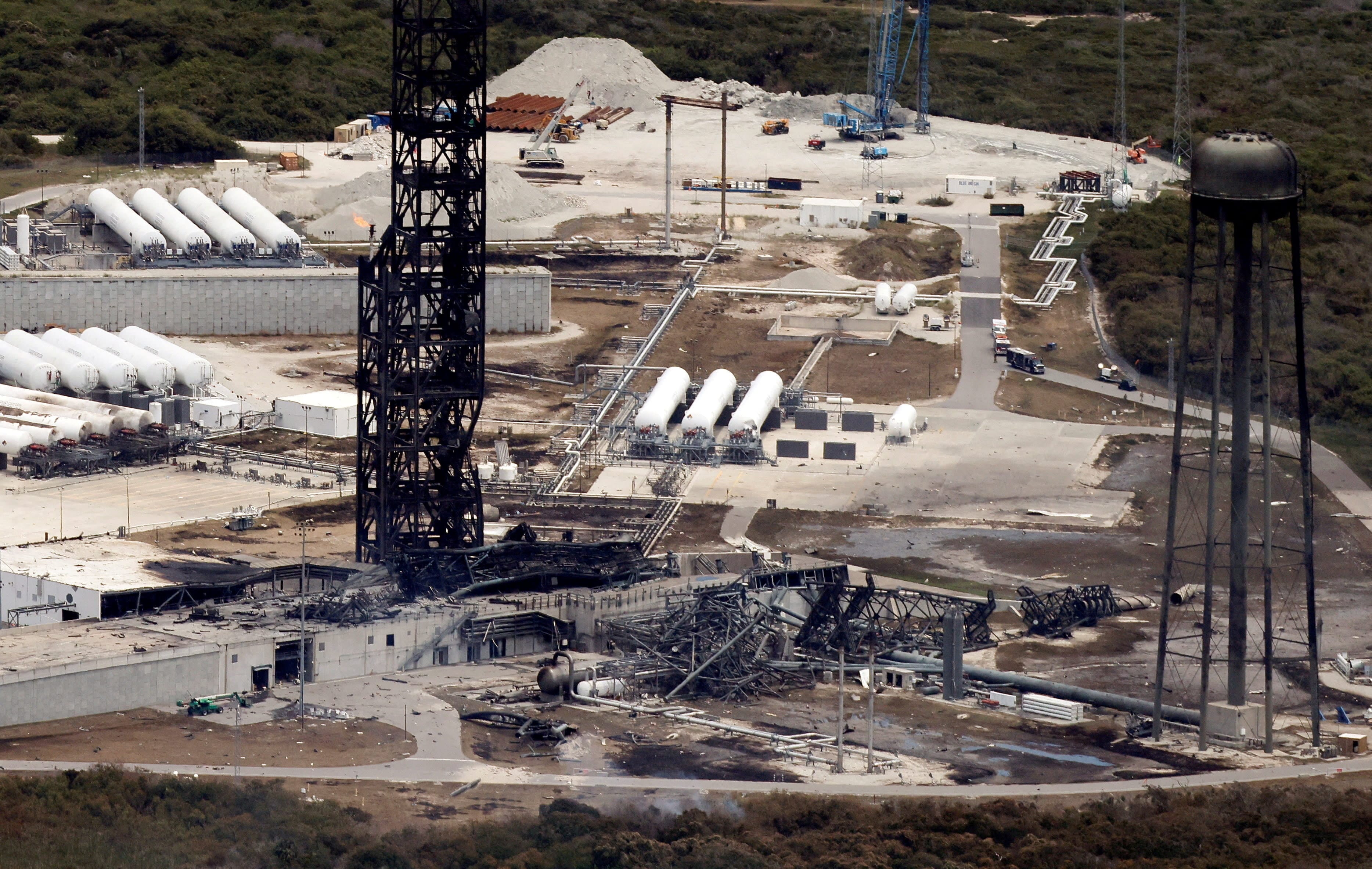 Damage at the site of a launchpad after an uncrewed Blue Origin New Glenn rocket exploded during a test at the Cape Canaveral Space Force Station in Cape Canaveral, Florida, US, May 29, 2026. (photo credit: JOE SKIPPER/REUTERS)