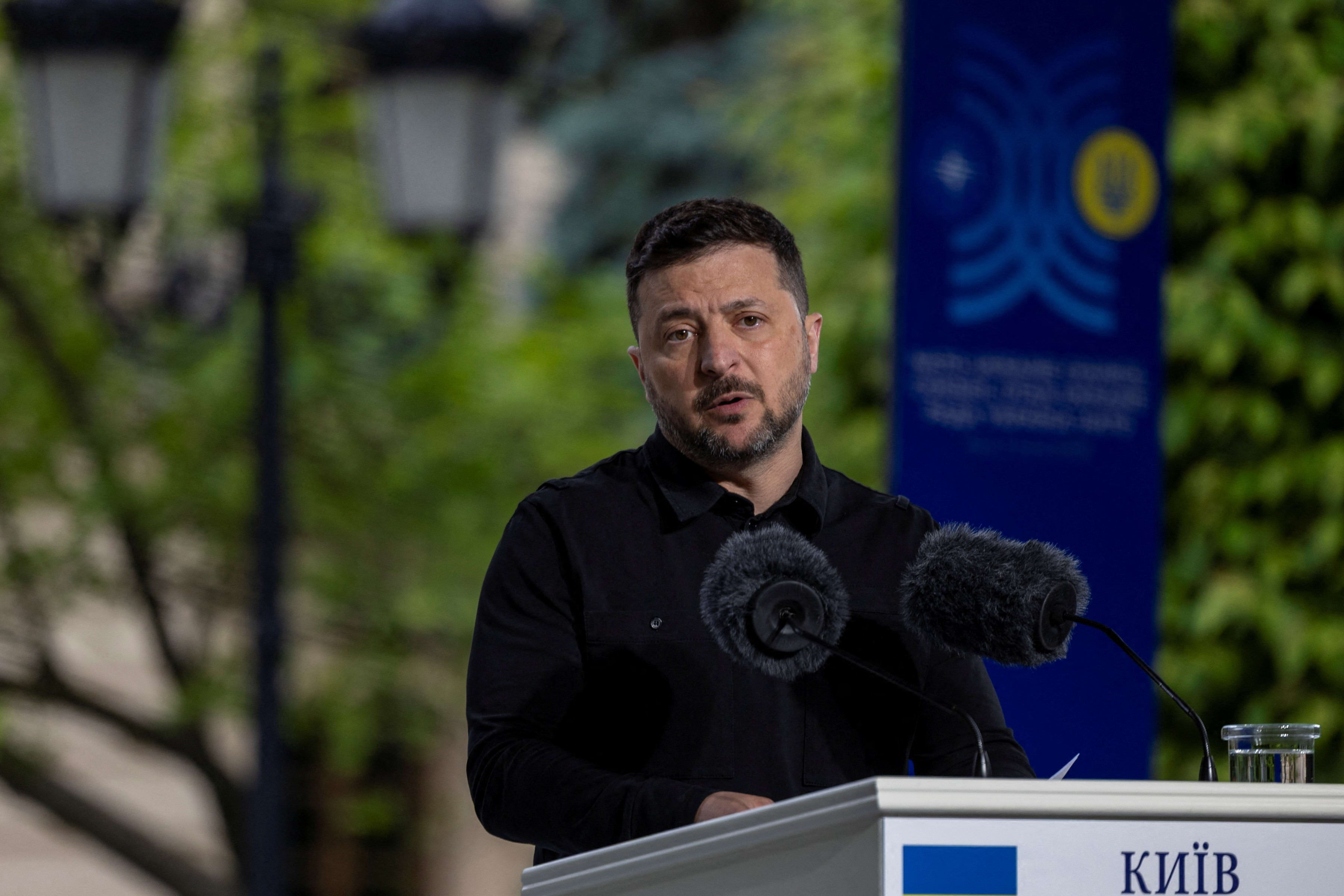 Ukrainian President Volodymyr Zelenskiy speaks during a joint press conference with NATO Secretary General Mark Rutte after talks, amid Russia