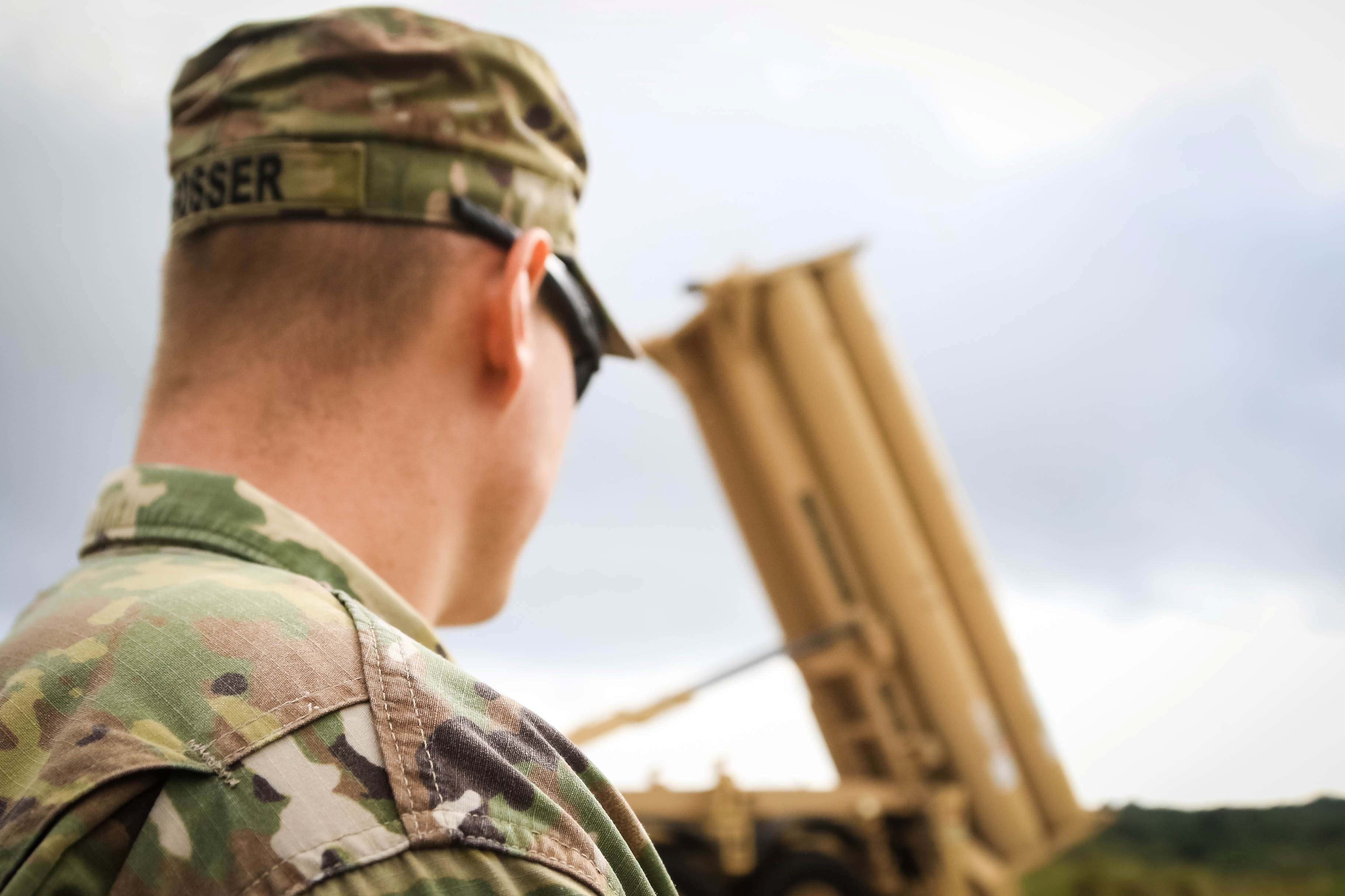  US Army 1st Lt. Tony Gosser with Task Force Talon, 94th Army Air and Missile Defense Command, views a Terminal High Altitude Area Defense (THAAD) weapon system. October 26, 2017. (photo credit: US Army/Capt. Adan Cazarez/Handout via REUTERS)