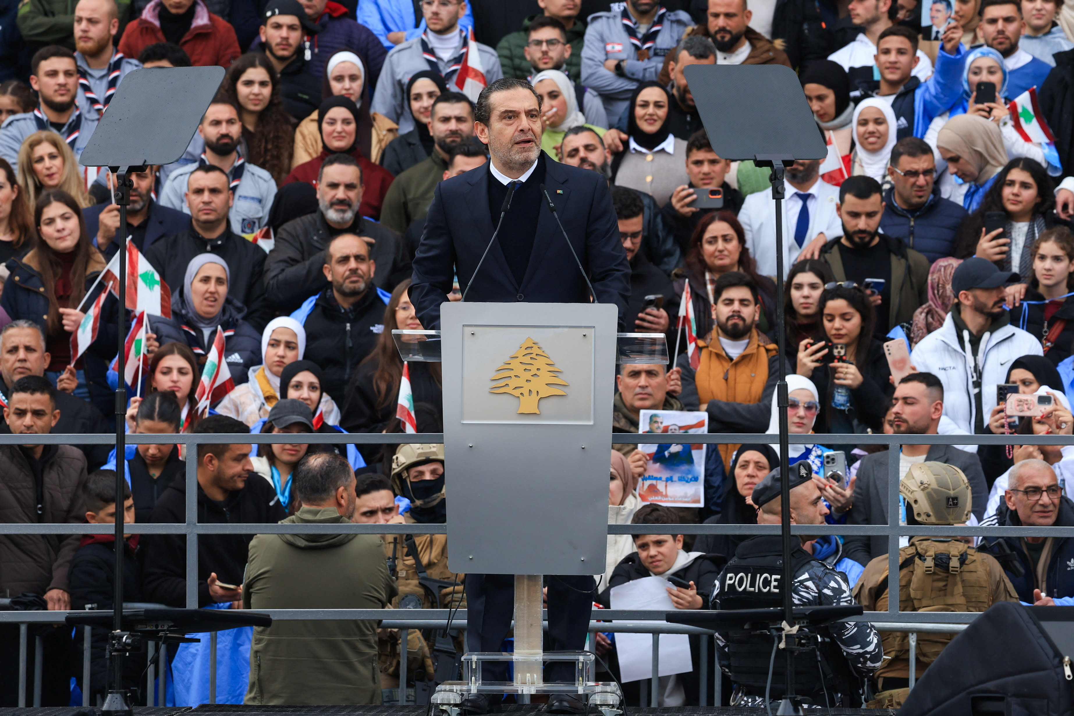 Saad Hariri speaks during an event to mark the 21st anniversary of the assassination of his father and former Lebanese Prime Minister Rafik al-Hariri, in Beirut, Lebanon, February 14, 2026. (photo credit: REUTERS/MOHAMED AZAKIR)