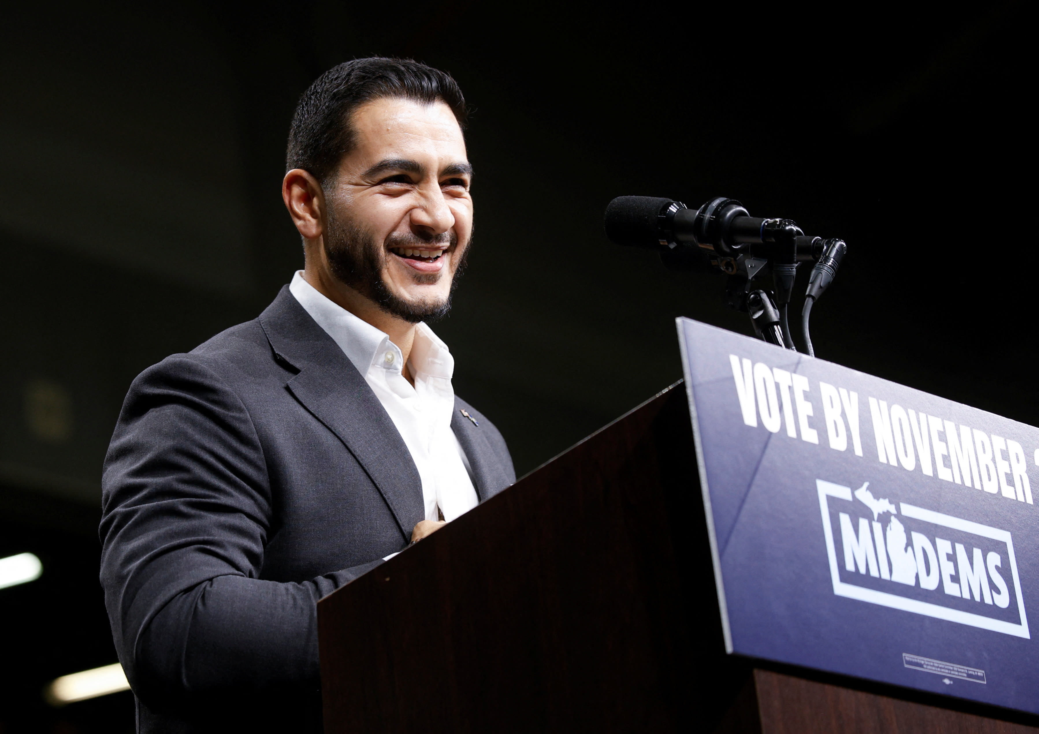 Democratic US Senate nominee Abdul El-Sayed addresses supporters during a campaign rally in Detroit, Michigan, US October 24, 2026. (photo credit: REBECCA COOK/REUTERS)