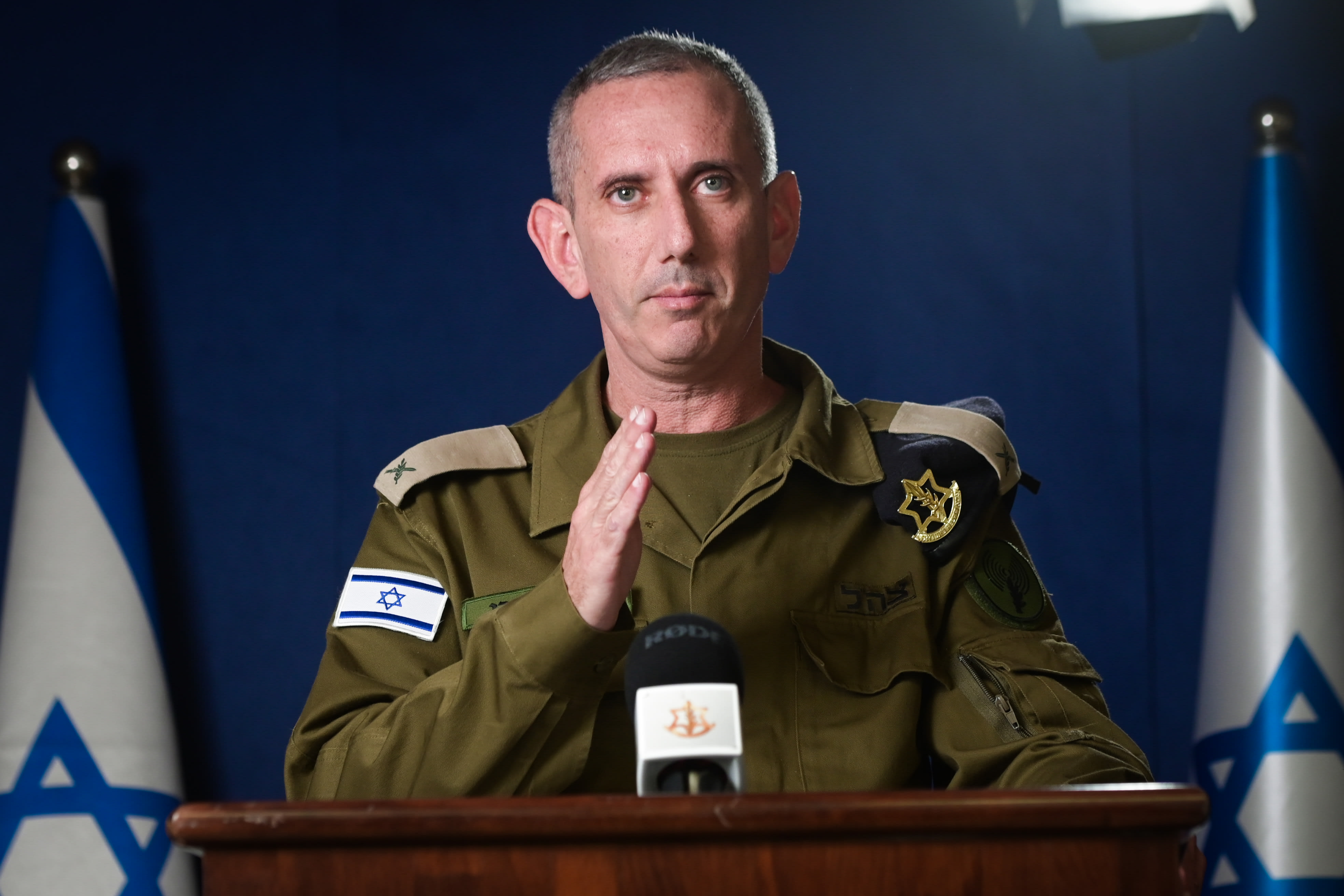 Daniel Hagari, then-IDF spokesman, gives a statement to the media in Tel Aviv on October 16, 2023. (photo credit: FLASH90)