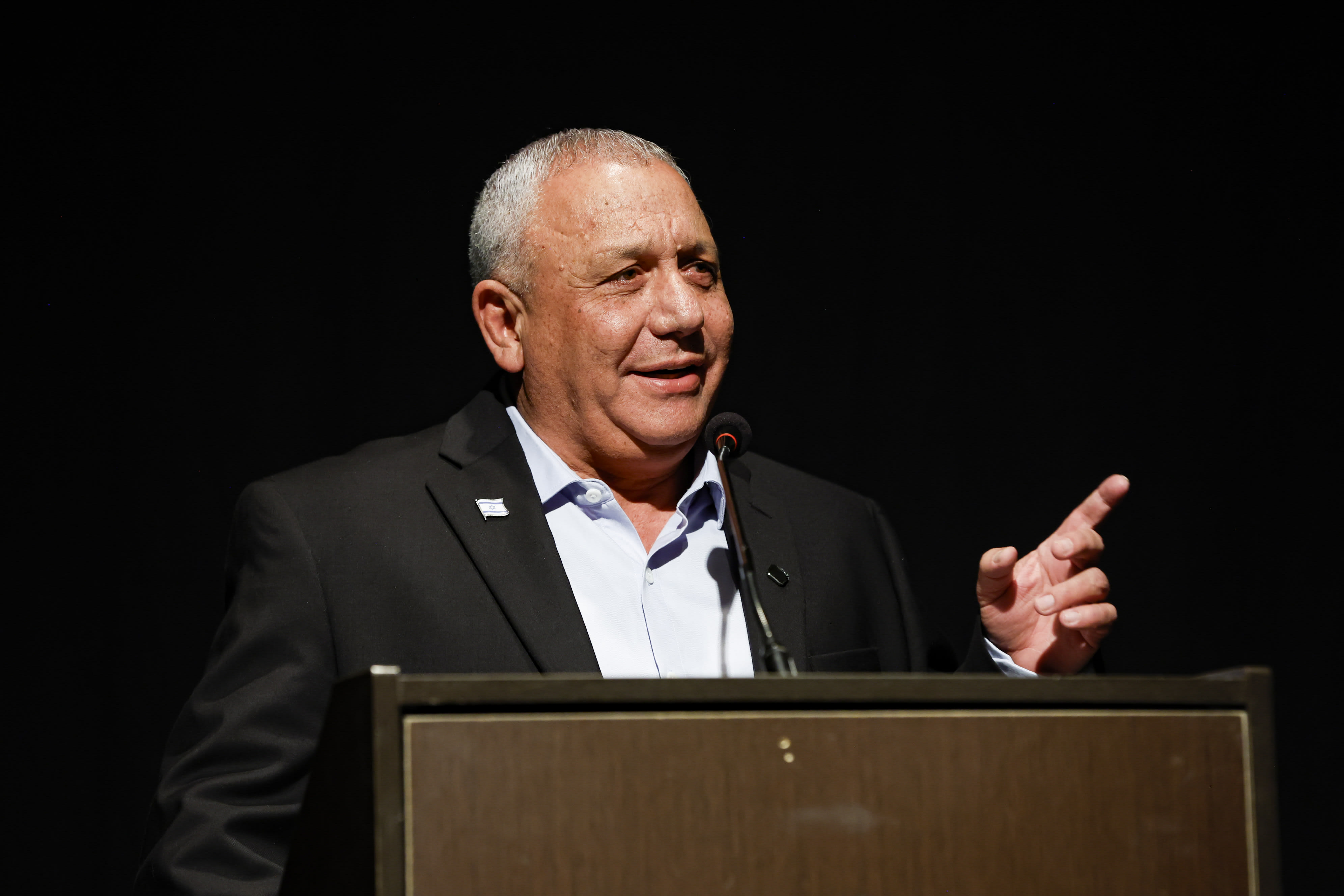 Gadi Eisenkot, head of the Yashar! party, speaks during the launch of a book in Herzliya, central Israel, April 26, 2026 (photo credit: Tal Gal/Flash90)