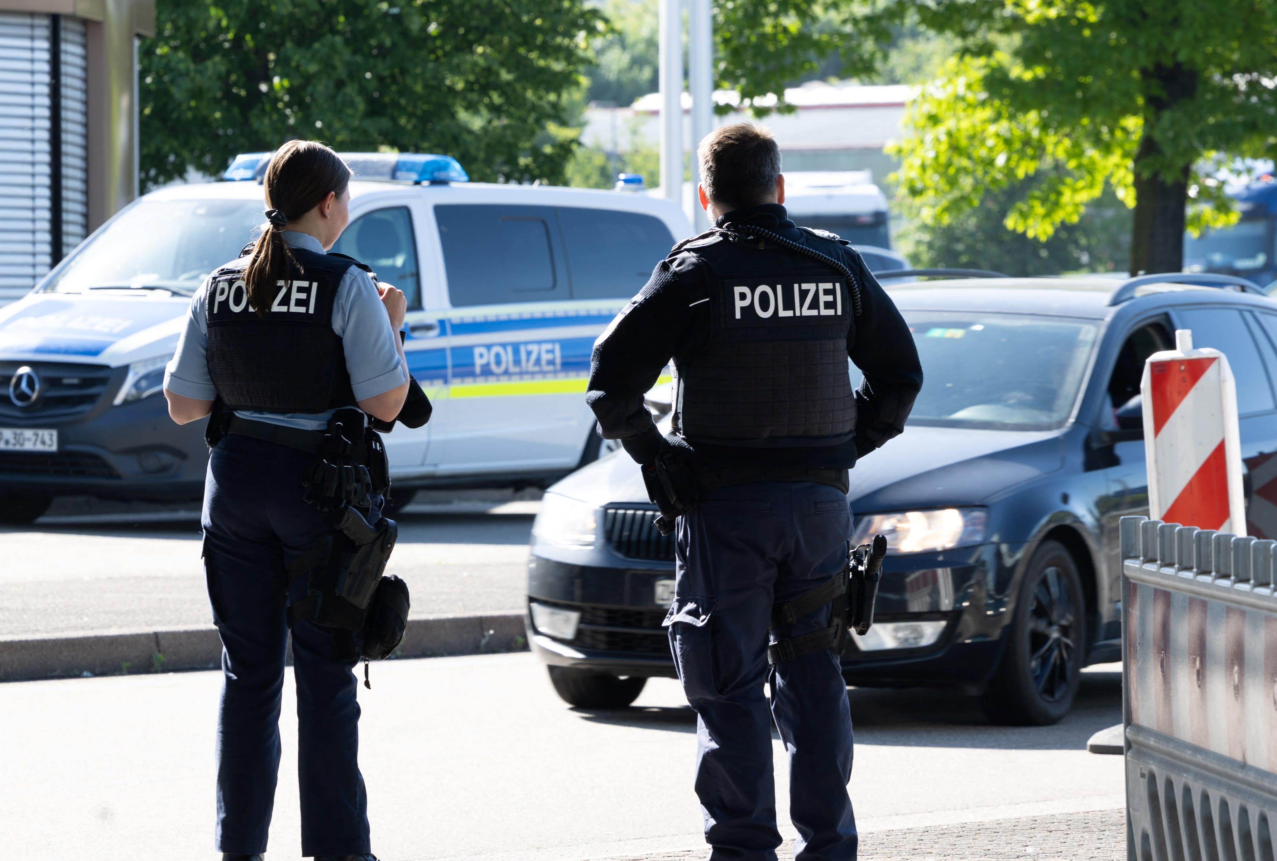  German police conduct random checks at the German-Swiss border for vehicles coming from Switzerland, in Weil am Rhein, Germany, May 16, 2025.  (photo credit: REUTERS/DENIS BALIBOUSE)