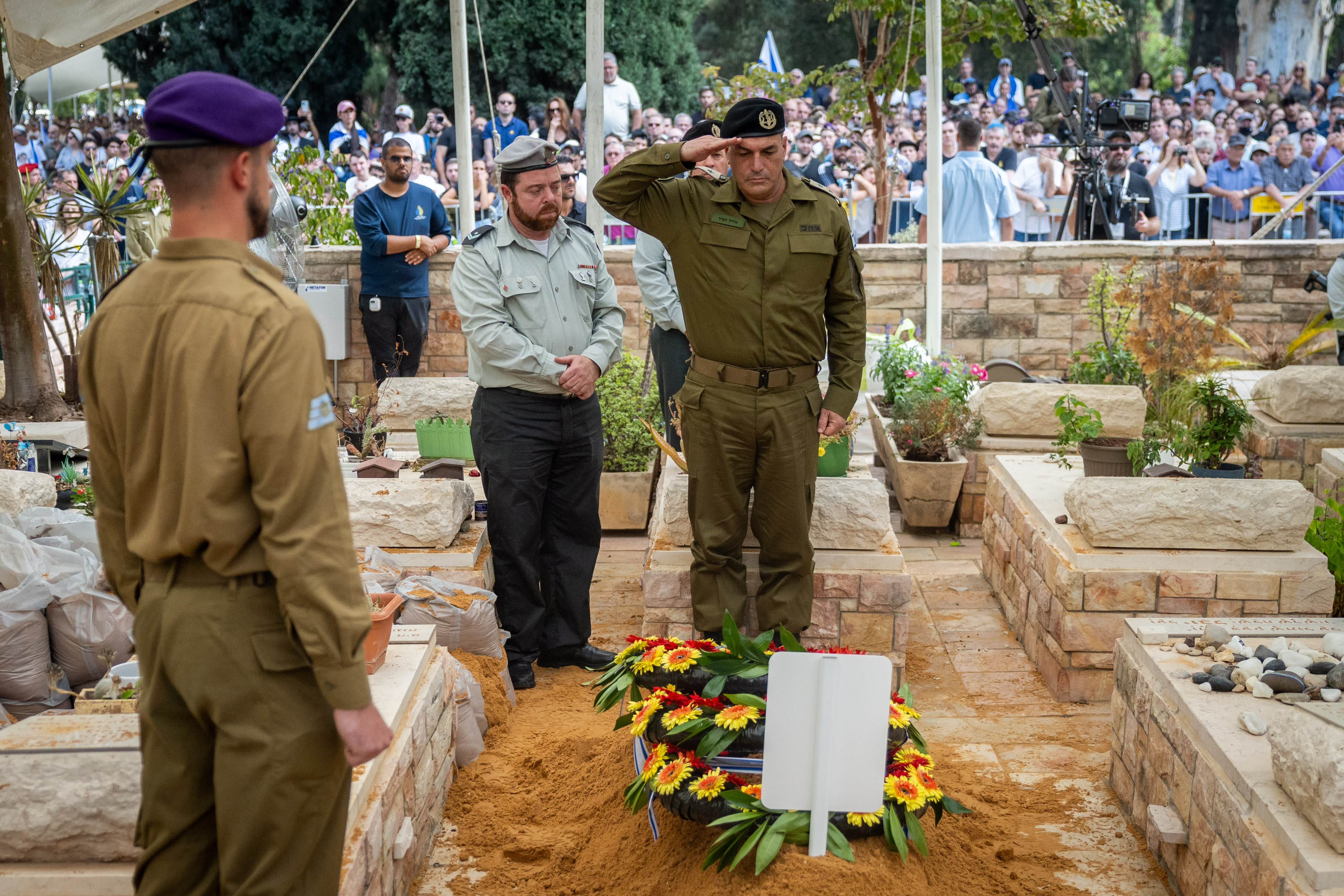IDF Chief of Staff Eyal Zamir attends the funeral of Israeli soldier Hadar Goldin, who