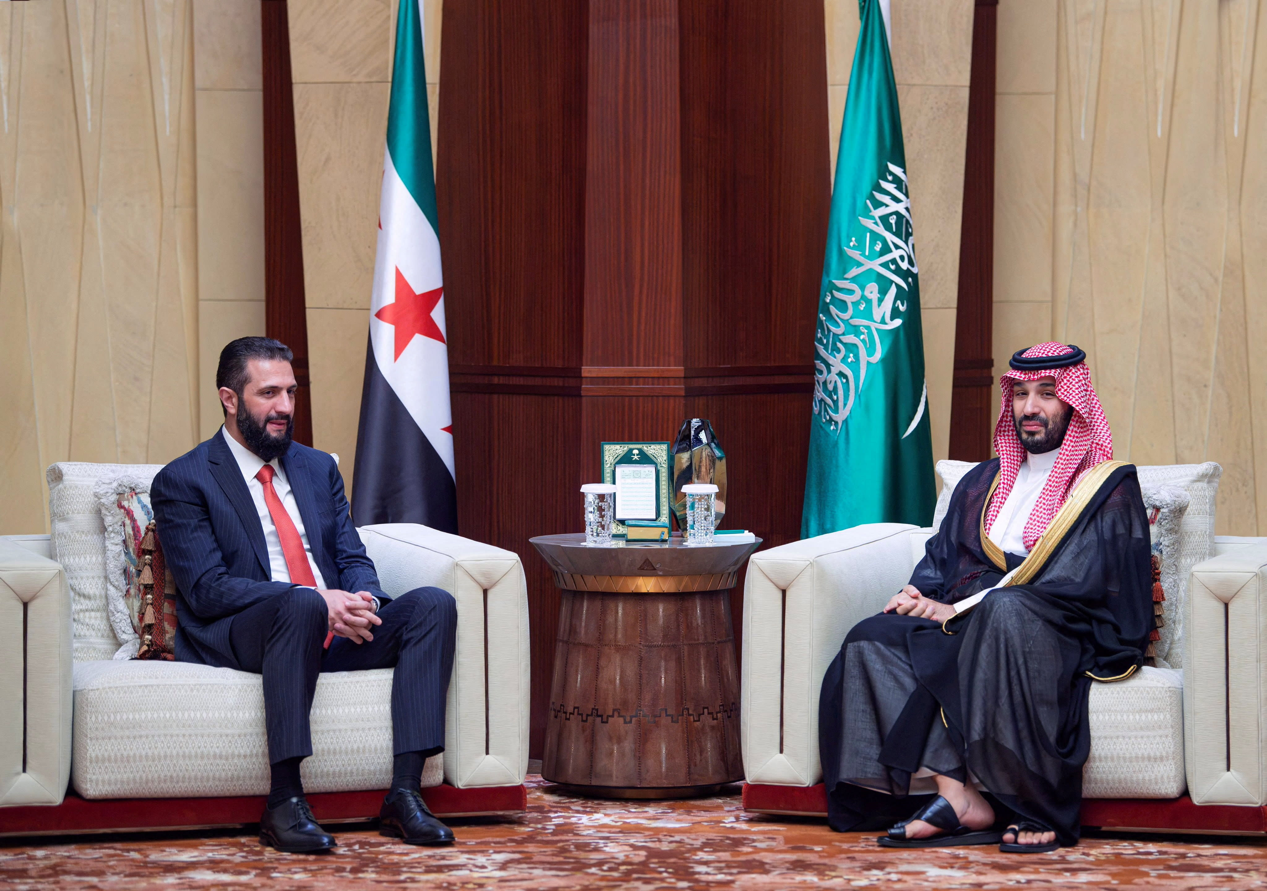 Syrian President Ahmed al-Sharaa meets Saudi Crown Prince Mohammed bin Salman, in Riyadh, Saudi Arabia, October 6, 2026. (photo credit: SAUDI PRESS AGENCY/HANDOUT VIA REUTERS)