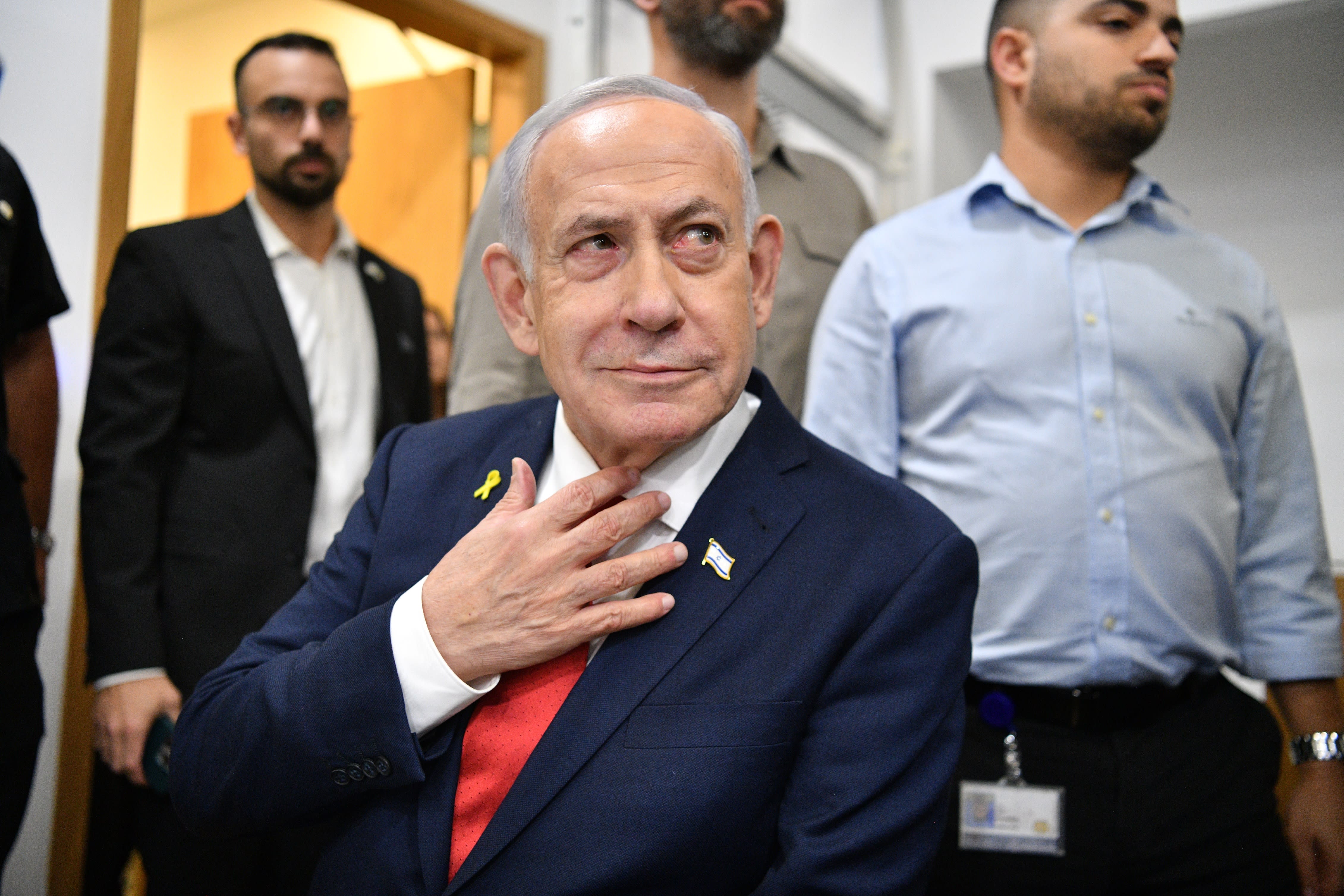 Prime Minister Benjamin Netanyahu arrives to the courtroom at the District Court in Tel Aviv, in the trial against him, October 15, 2025 (photo credit: REUVEN KASTRO/POOL)