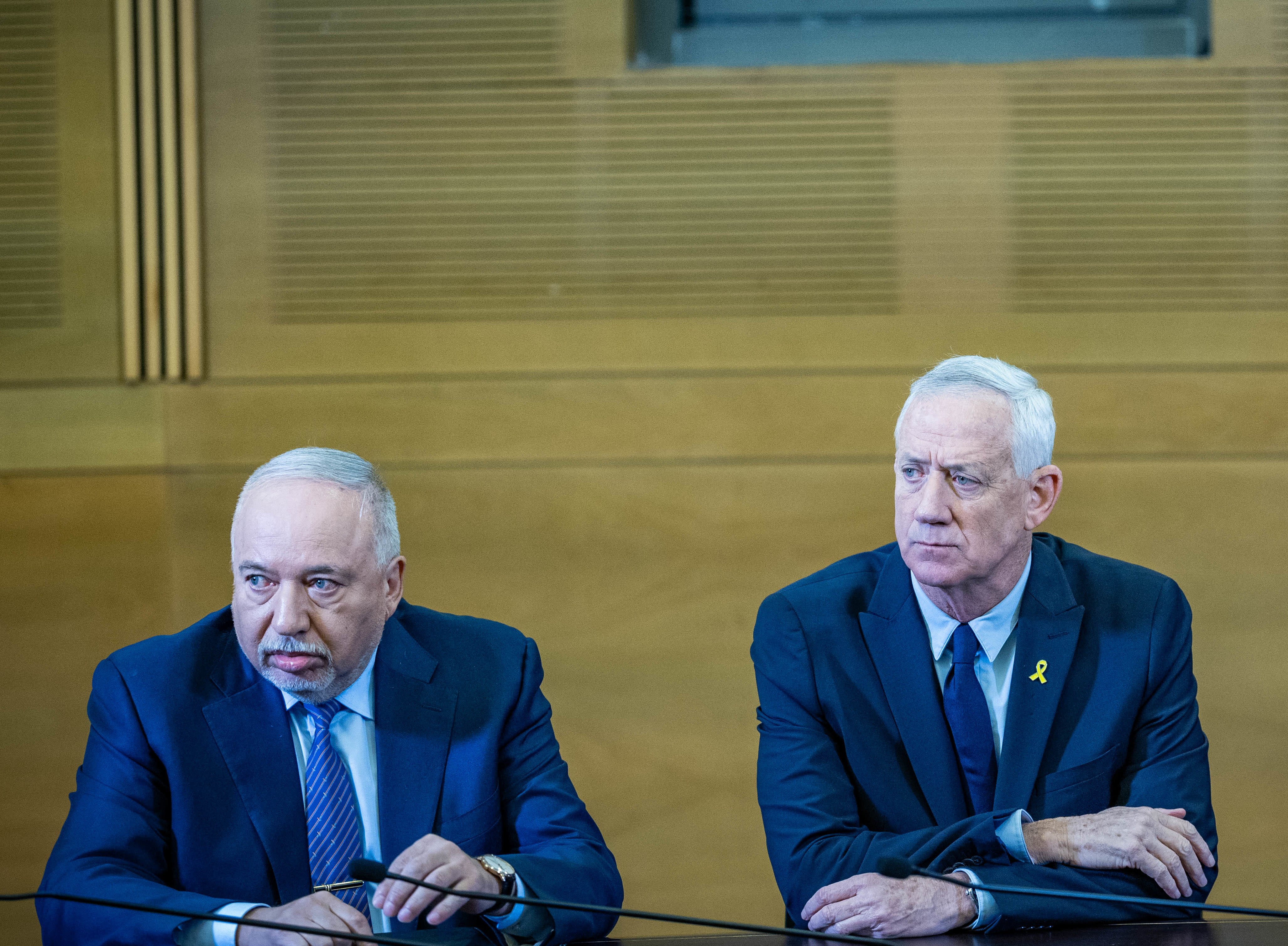   Head of National Unity party Benny Gantz and head of Israel Beyteinu party Avigdor Liberman hold a joint press conference at the Knesset, the Israeli parliament in Jerusalem on November 6, 2024.  (photo credit: YONATAN SINDEL/FLASH90)