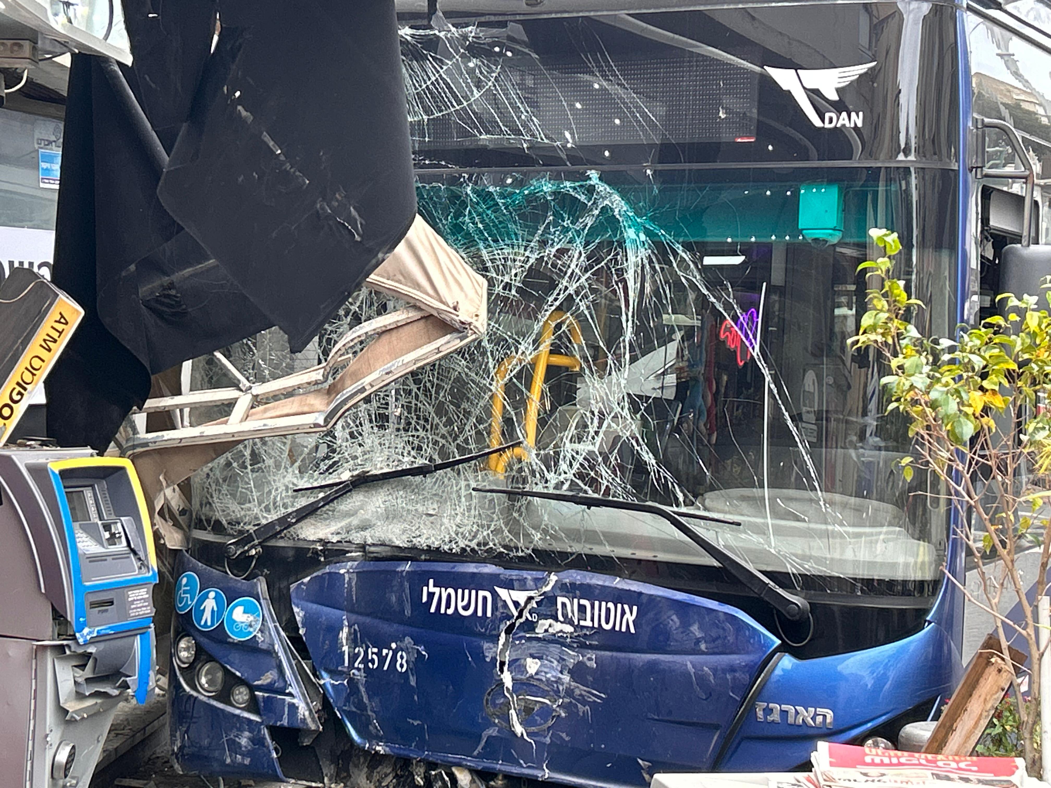 The aftermath of a bus crashing into a store in Ramat Gan, February 6, 2026. (photo credit: AVSHALOM SASSONI/MAARIV)