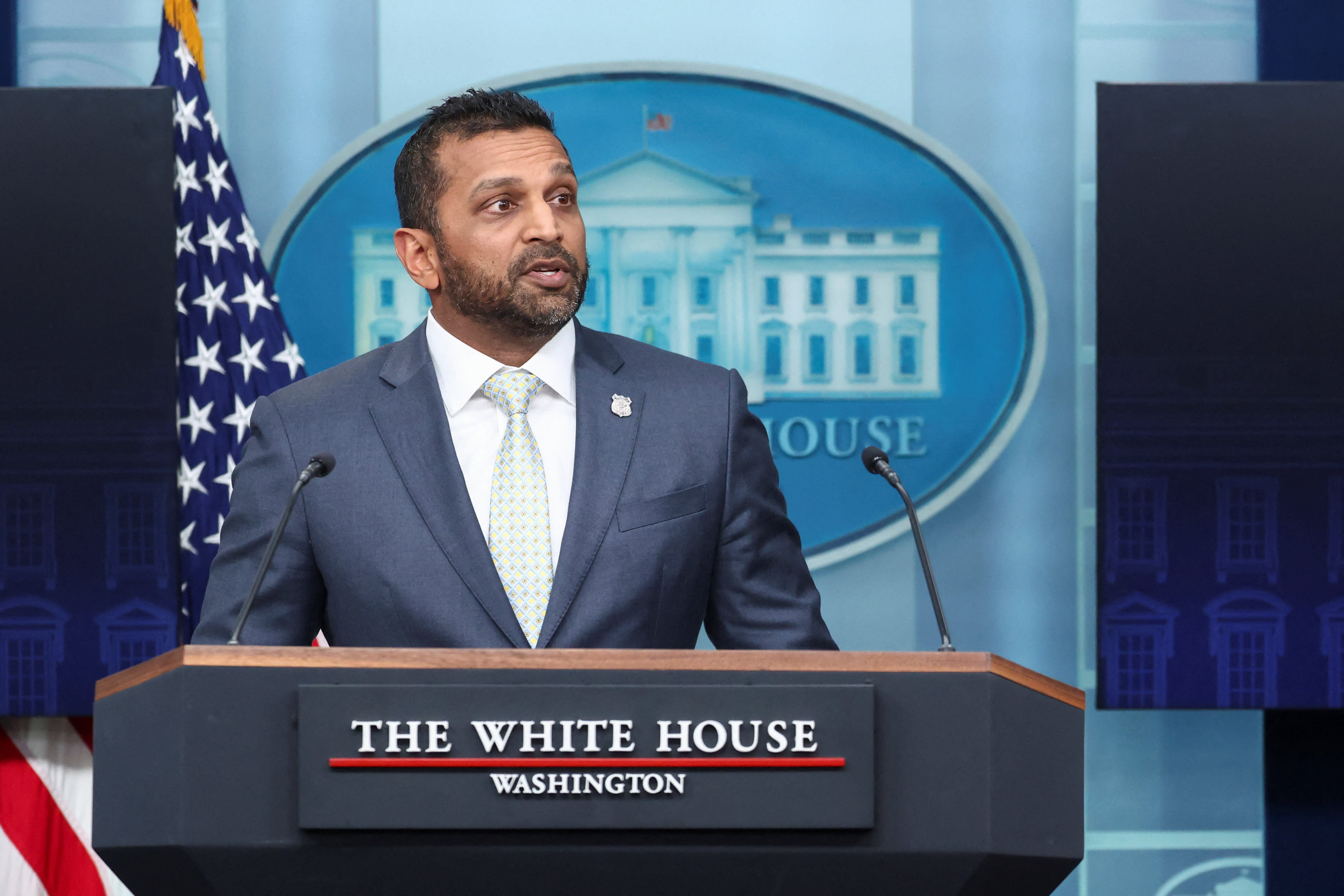 FBI Director Kash Patel speaks during a press briefing at the White House in Washington, DC, US, November 12, 2025 (photo credit: REUTERS/KEVIN LAMARQUE)