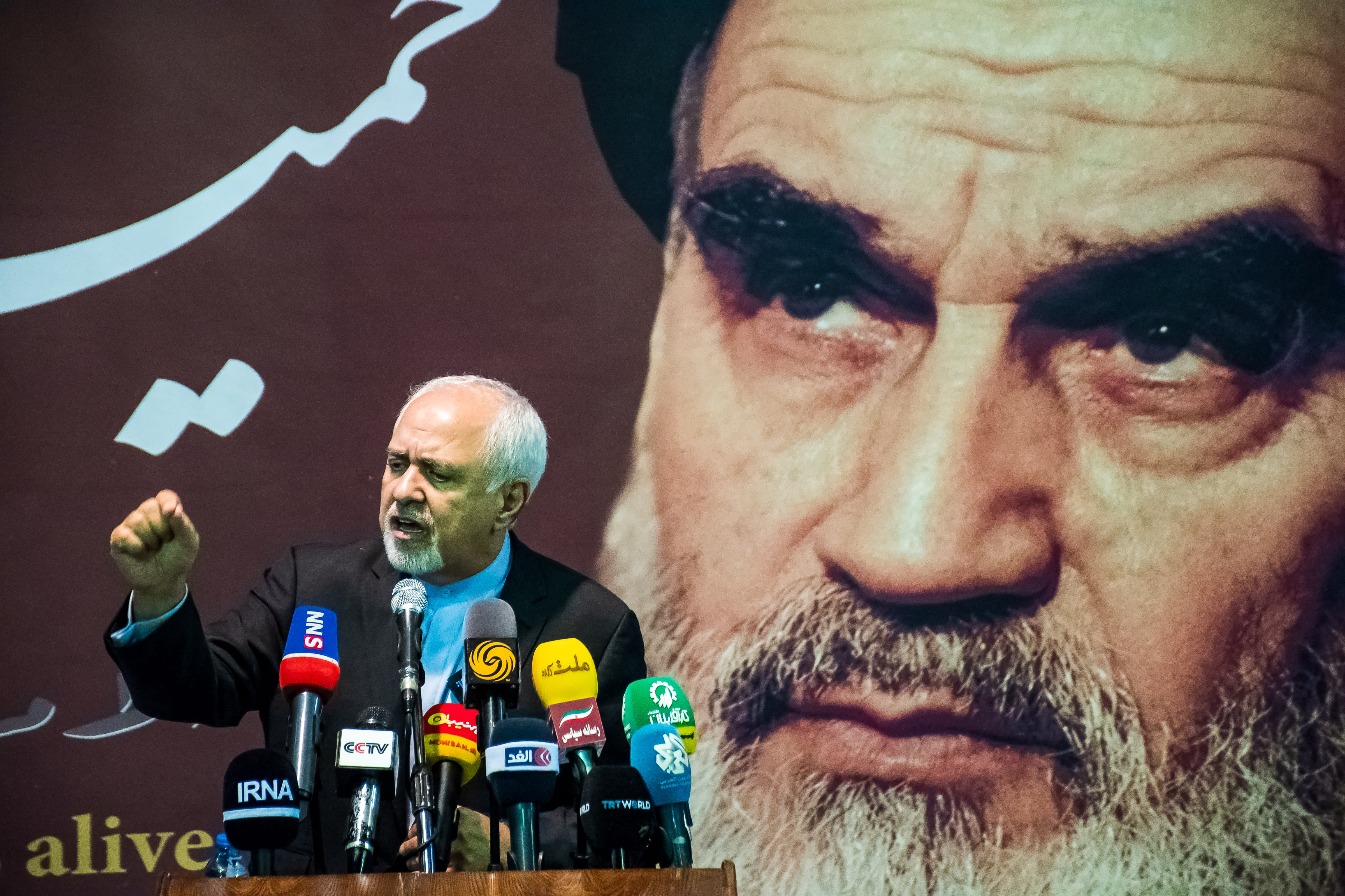  Mohammad Javad Zarif, the former Iranian Foreign Minister, gives a speech during an election rally in support of  Iranian presidential election candidate Masoud Pezeshkian in Tehran, Iran, on June 24, 2024.  (photo credit: Hossein Beris/Middle East Images/AFP via Getty Images)