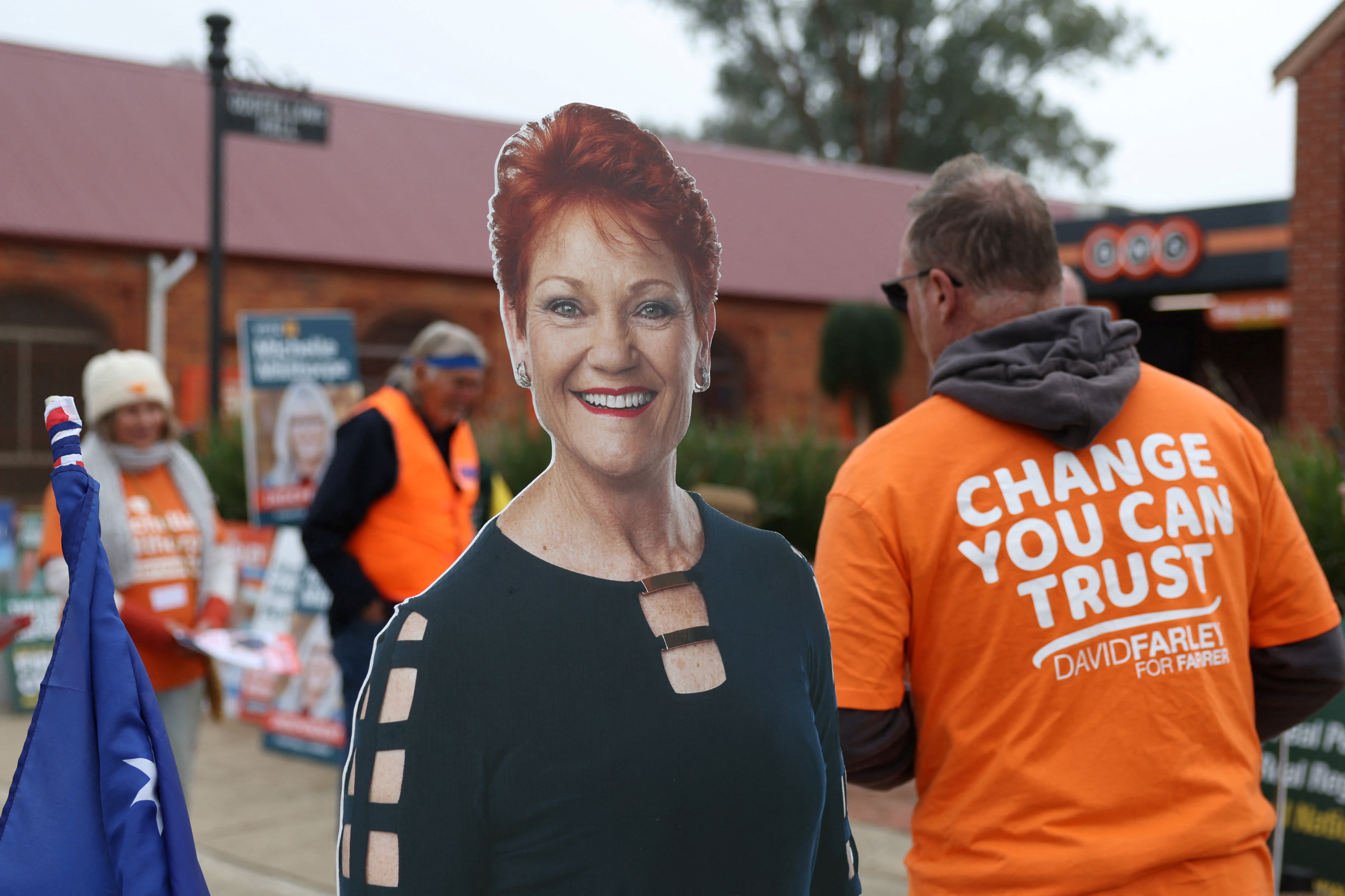 A campaign cutout depicting One Nation leader Pauline Hanson is displayed outside a pre-polling centre ahead of the Farrer by-election in Corowa, Australia, May 6, 2026. (photo credit: REUTERS/HOLLIE ADAMS)