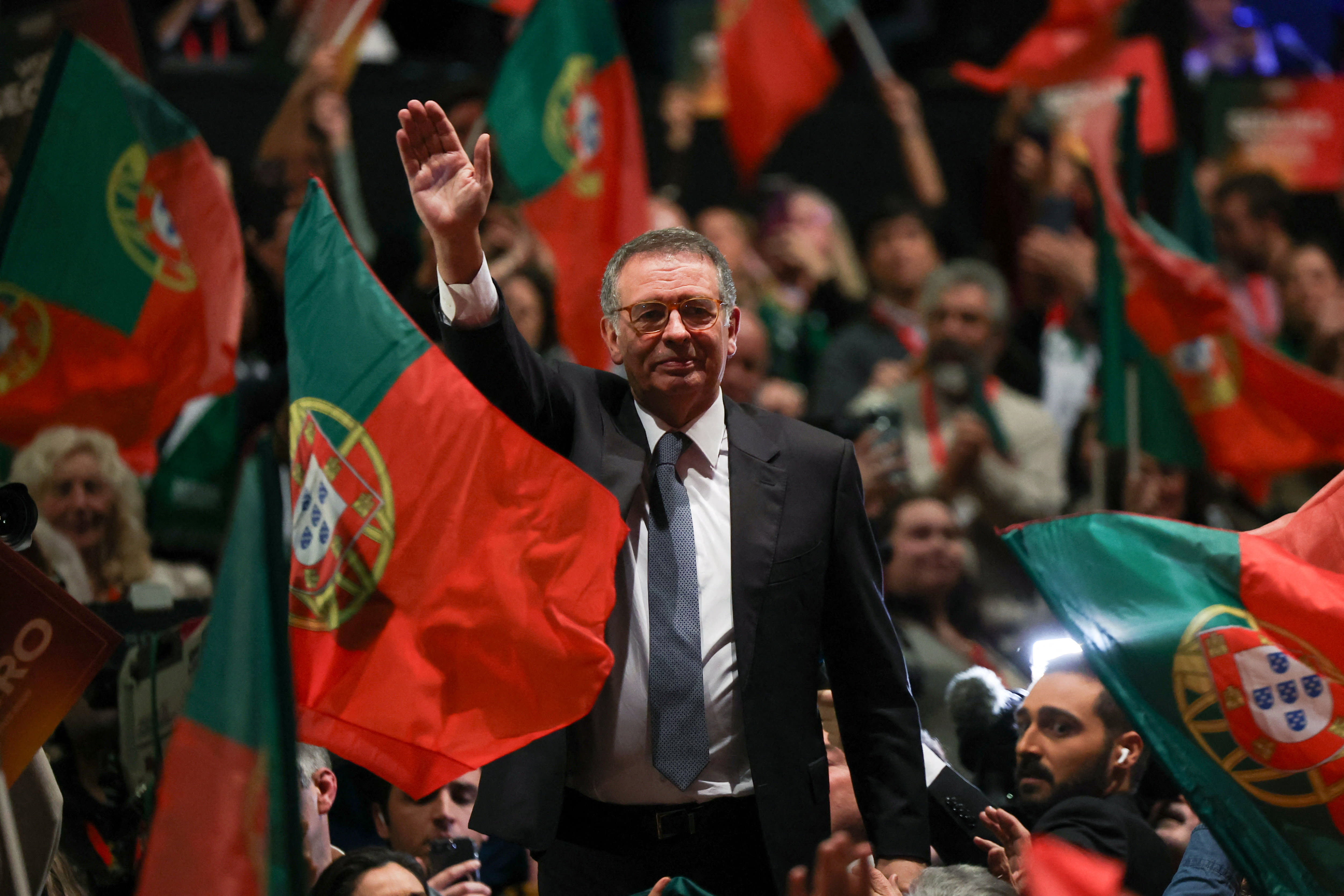 Presidential candidate and moderate Socialist Antonio Jose Seguro gestures as he meets supporters following early results on the day of the presidential election, in Caldas da Rainha, Portugal, February 8, 2026. (photo credit:  REUTERS/Pedro Nunes TPX IMAGES OF THE DAY)