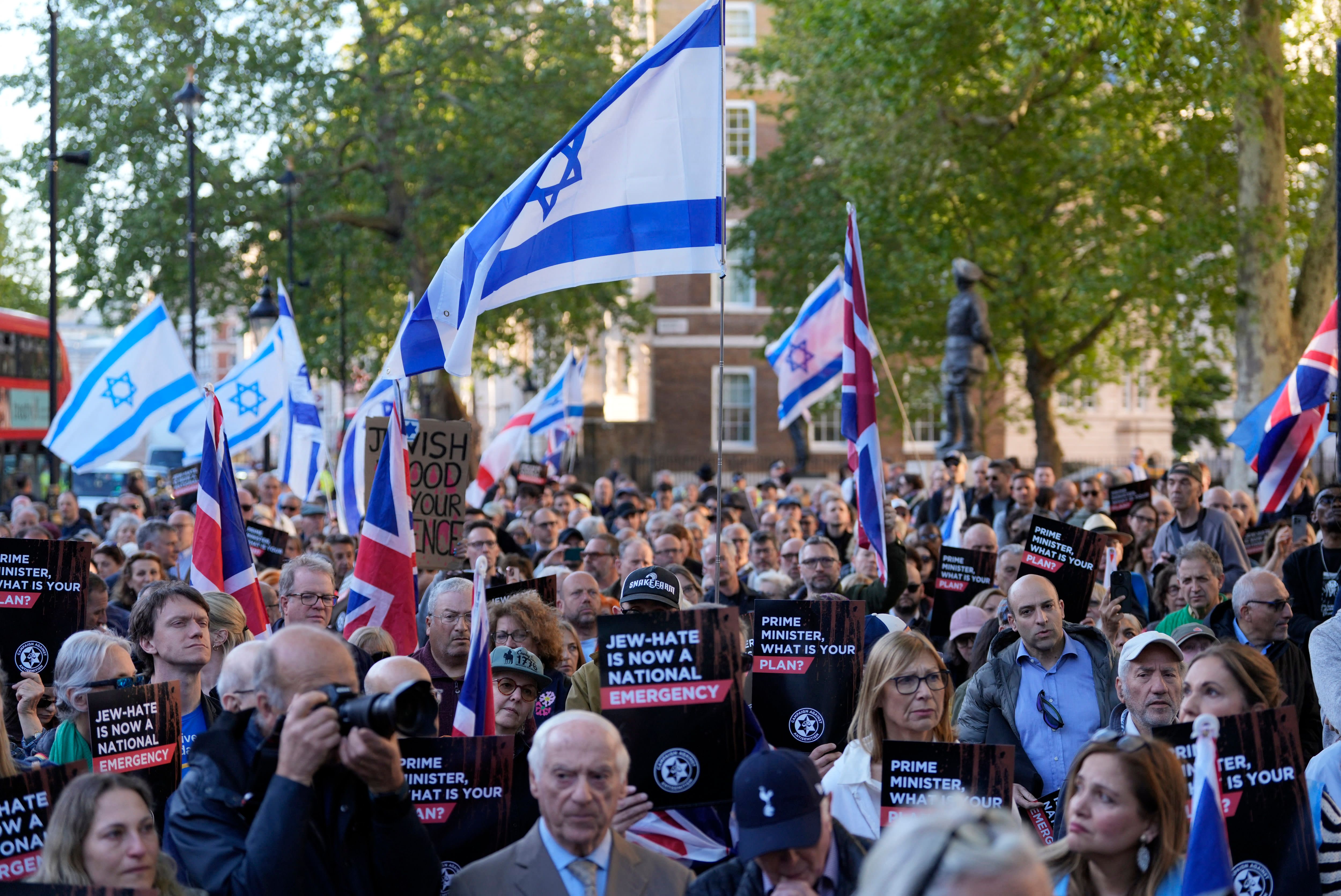 People attend a rally organised by the Campaign Against Antisemitism, opposite Downing Street in central London on April 30, 2026, following the stabbing of two Jewish men the day before in the Golders Green neighbourhood of north London. (photo credit: Carlos Jasso/AFP via Getty Images)