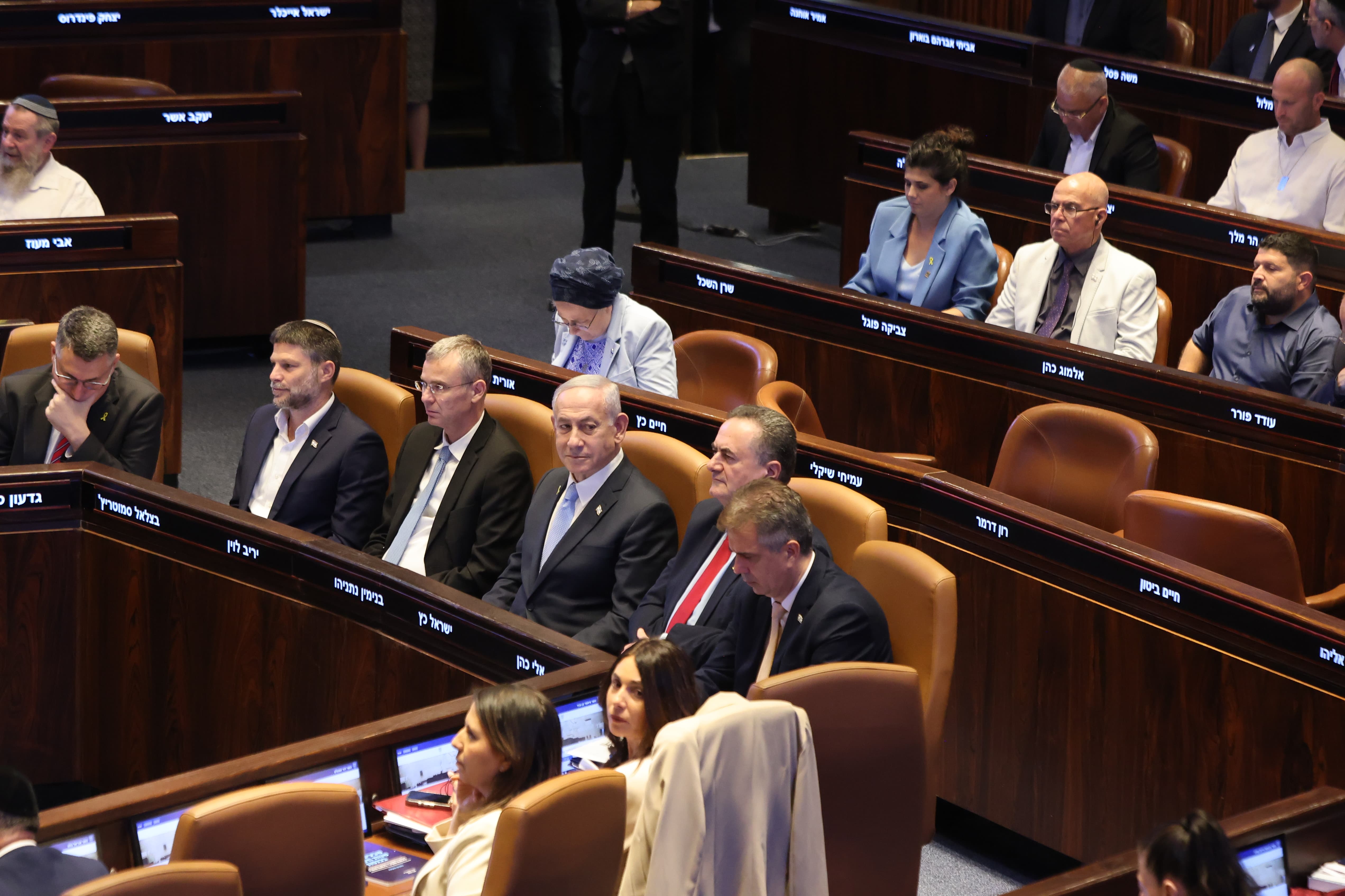 Prime Minister Benjamin Netanyahu and his cabinet seen at the Knesset plenum, June 11, 2025 (photo credit: MARC ISRAEL SELLEM/THE JERUSALEM POST)