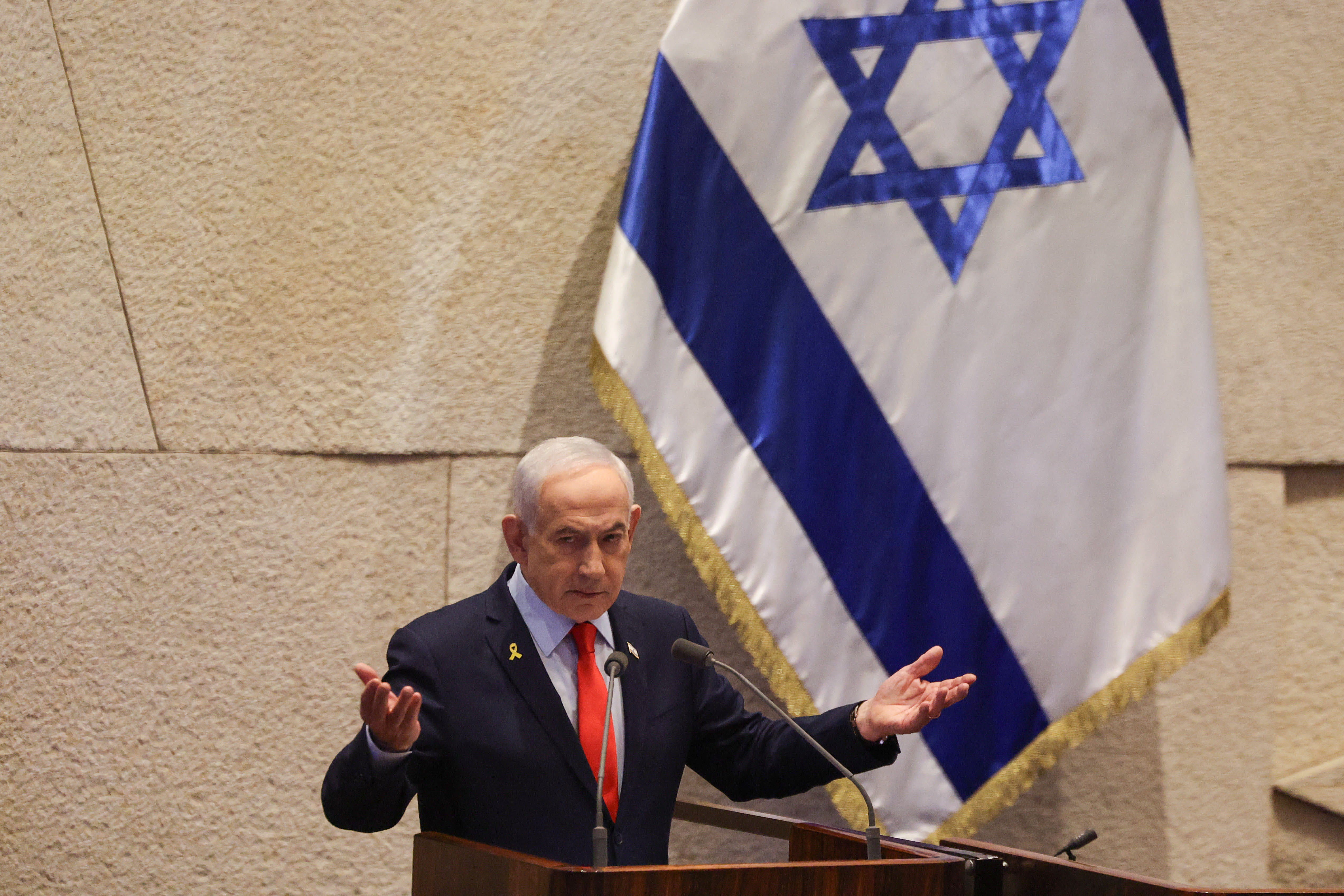 Israeli Prime Minister Benjamin Netanyahu speaks as he attends a session at the plenum of the Knesset, Israel’s parliament, in Jerusalem, January 5, 2026. (photo credit: REUTERS/Ronen Zvulun)