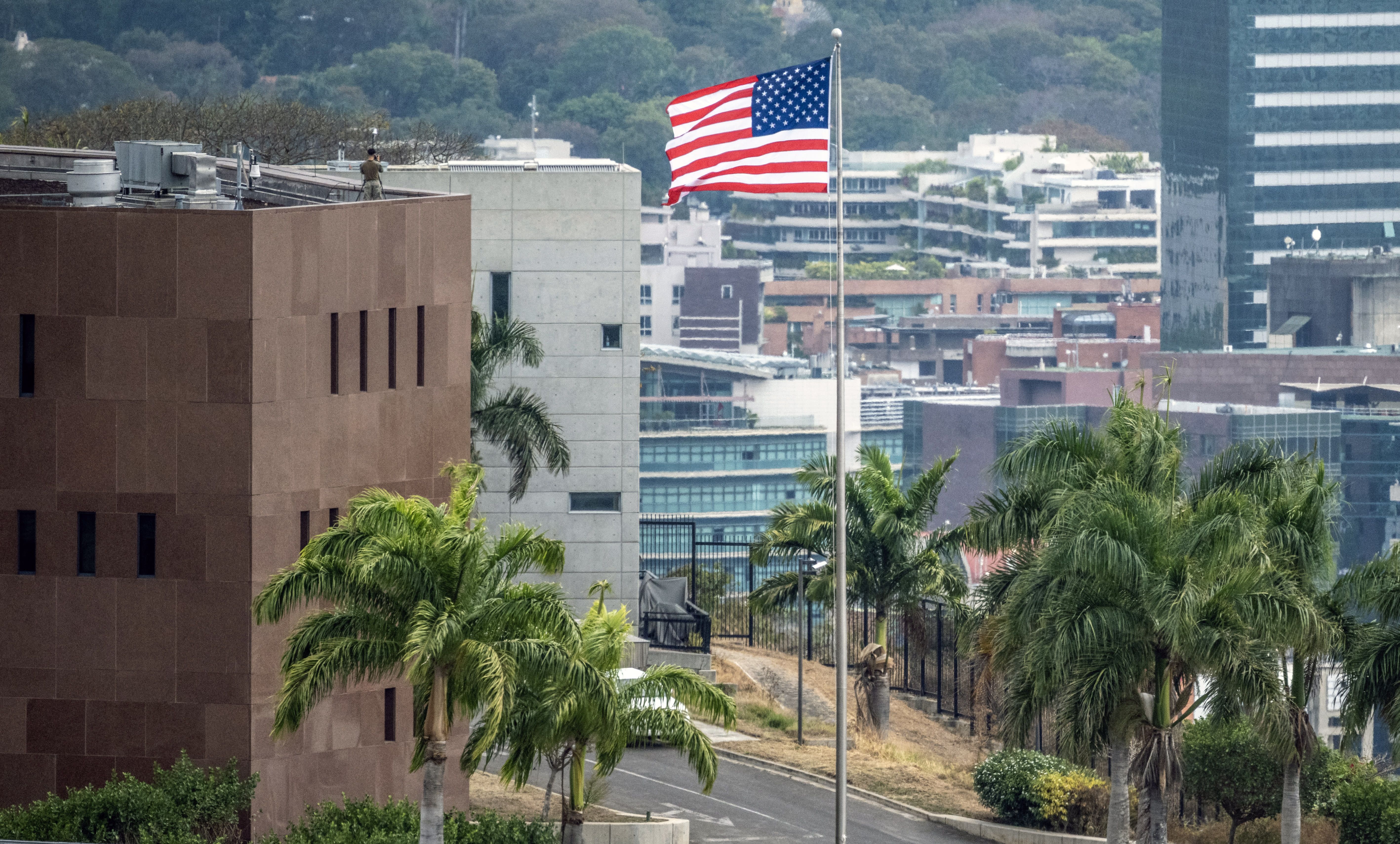 The US flag flutters at the US embassy in Caracas on March 14, 2026, ten days after the restoration of diplomatic relations following the capture of ousted leader Nicolas Maduro in a US military raid. (photo credit: Maryorin Mendez / AFP via Getty Images)