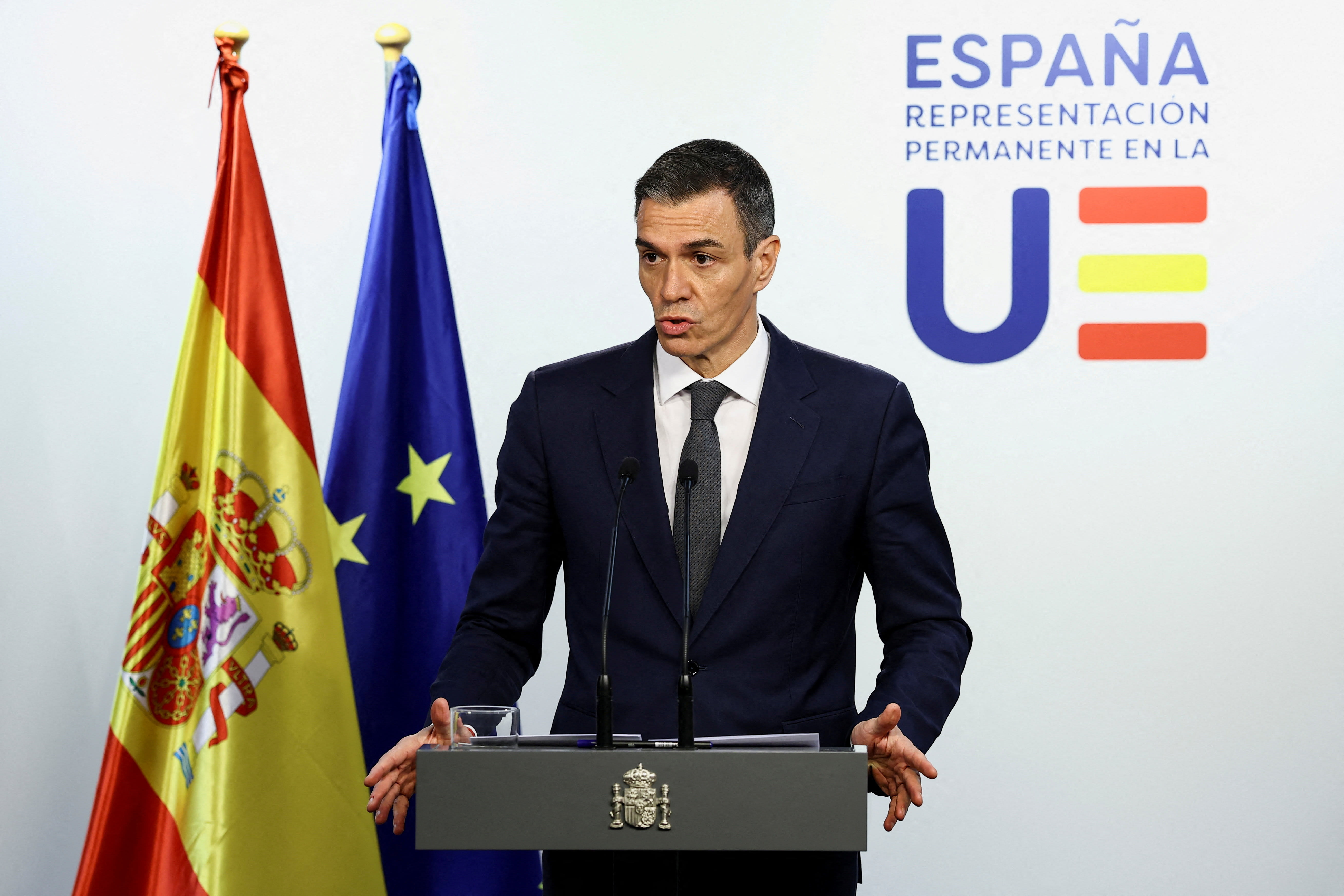  Spanish Prime Minister Pedro Sanchez speaks during a press conference after attending a special summit of European Union leaders to discuss transatlantic relations following U.S. President Donald Trump