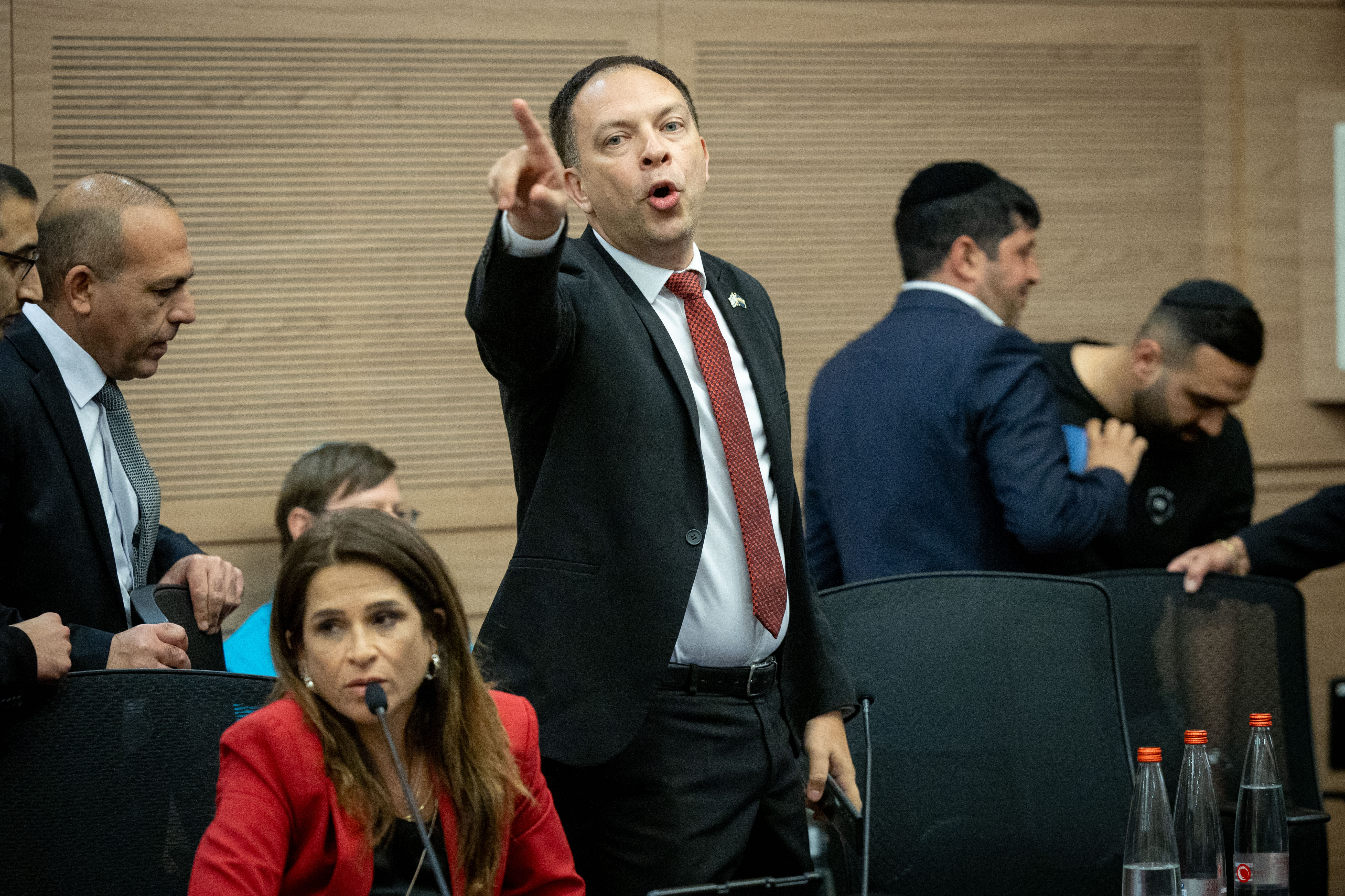 MK Vladimir Beliak reacts during a Constitution, Law and Justice Committee meeting and votes on parts of the judicial reform, at the Knesset, the Israeli Parliament in Jerusalem on July 19, 2023.  (photo credit: YONATAN SINDEL/FLASH90)
