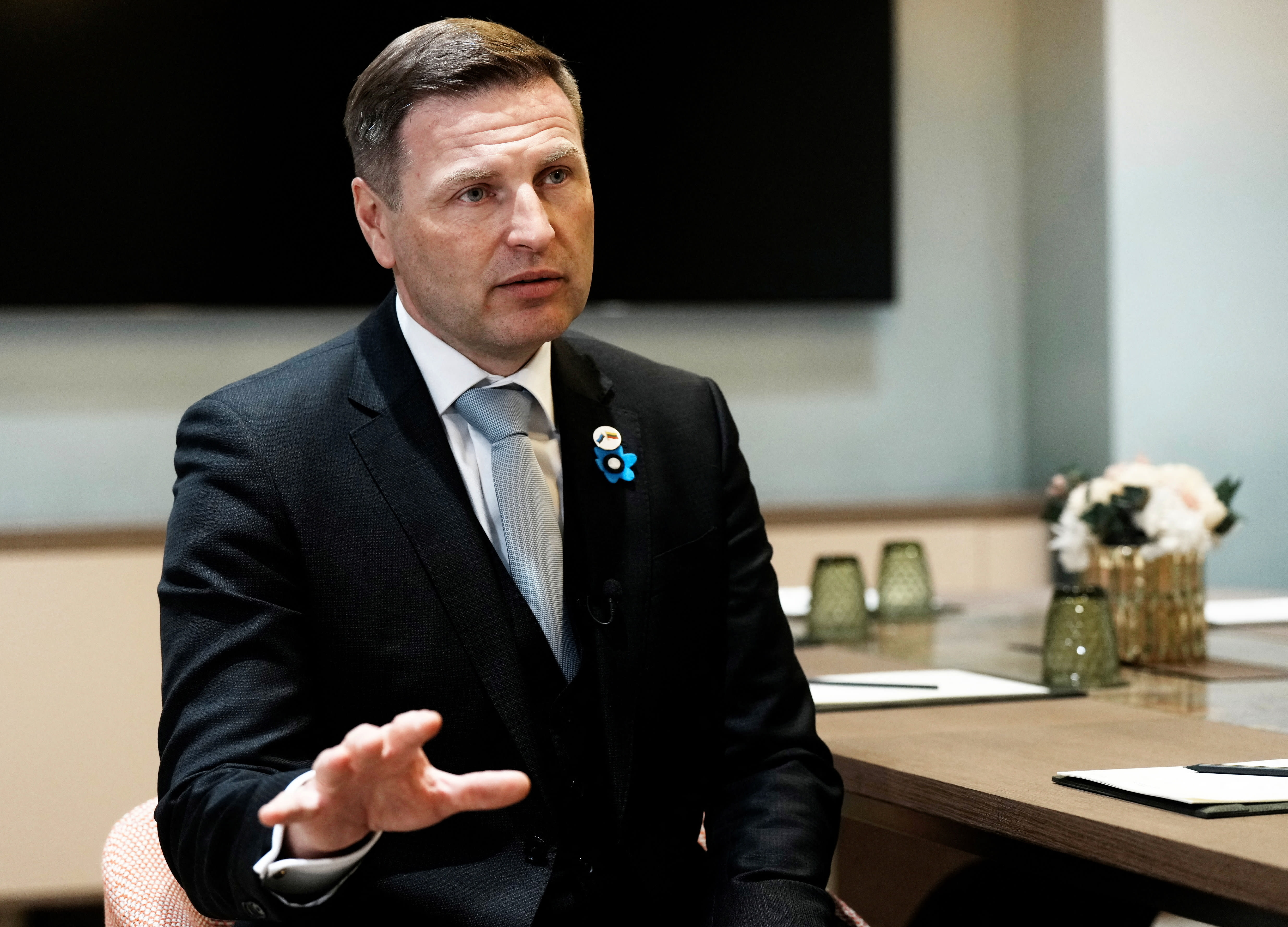 Estonian Defense Minister Hanno Pevkur looks on during an interview in Vilnius, Lithuania, April 16, 2026. (photo credit: REUTERS/INTS KALNINS)