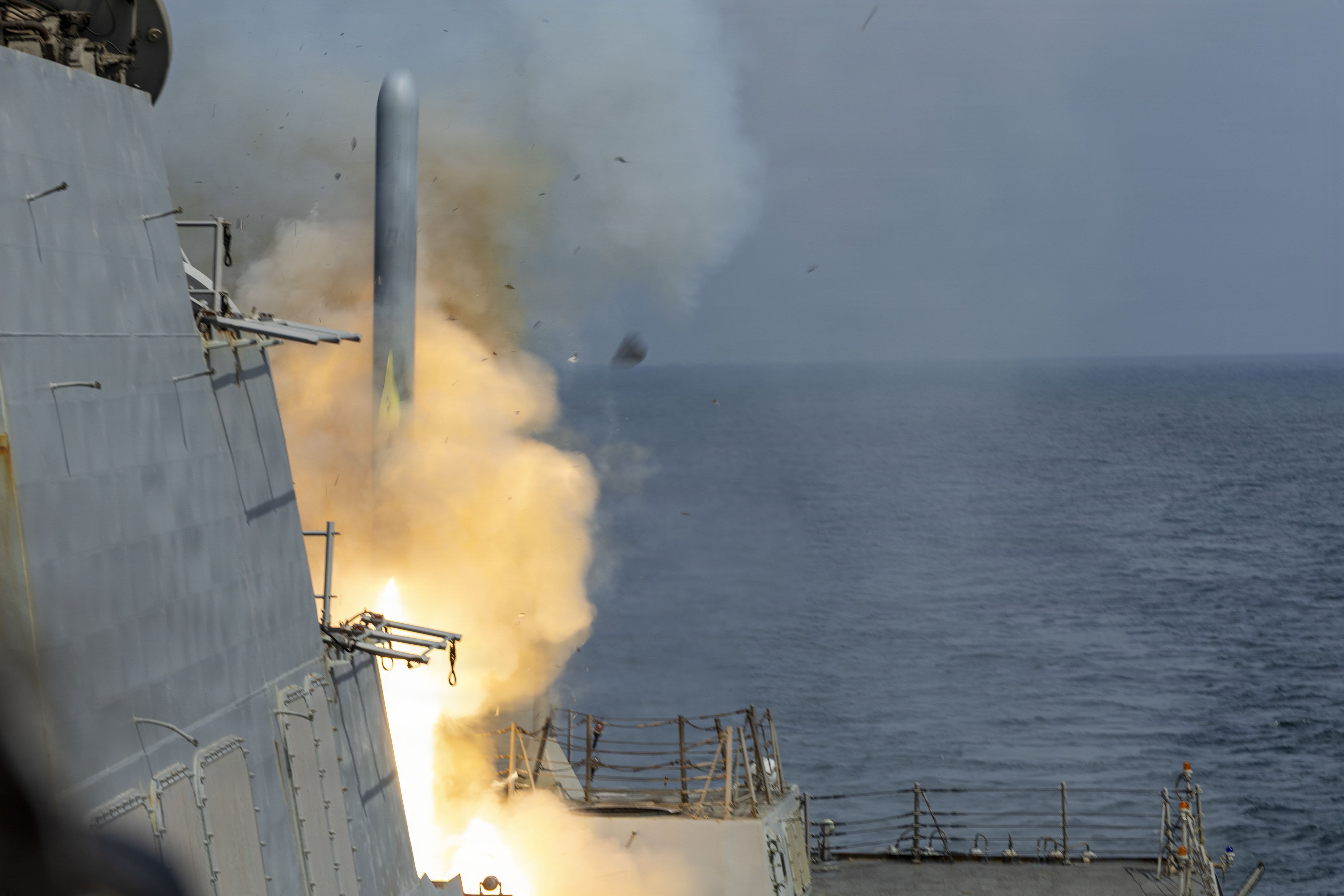 Arleigh Burke-class guided-missile destroyer USS Delbert D. Black (DDG 119) fires a Tomahawk Land Attack Missile (TLAM) in support of Operation Epic Fury, Feb. 28, 2026. (photo credit: US Navy via CENTCOM Photos)