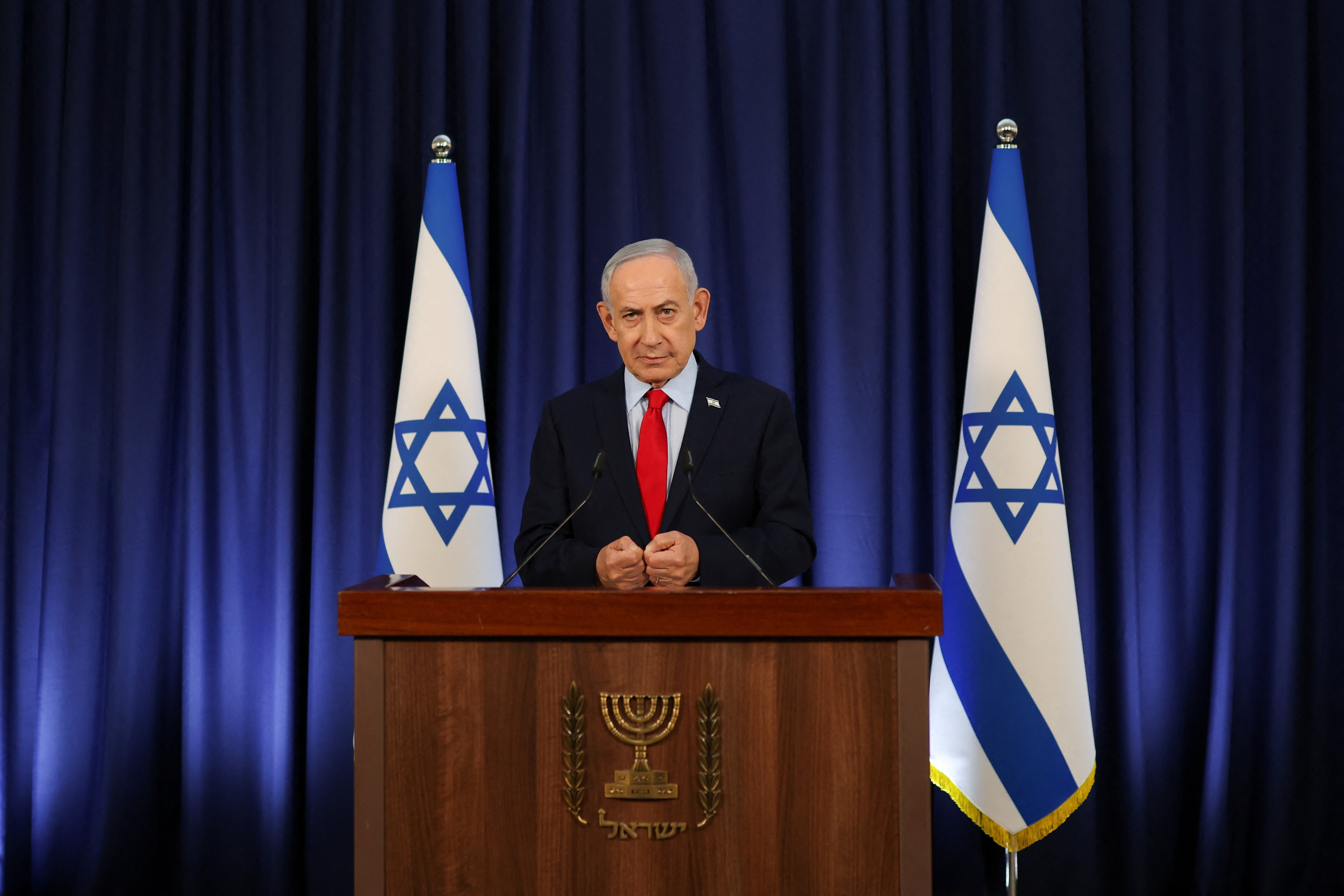 Israeli Prime Minister Benjamin Netanyahu speaks during a press conference, amid the US-Israel conflict with Iran, in Jerusalem, March 19, 2026. (photo credit: REUTERS/Ronen Zvulun/Pool)