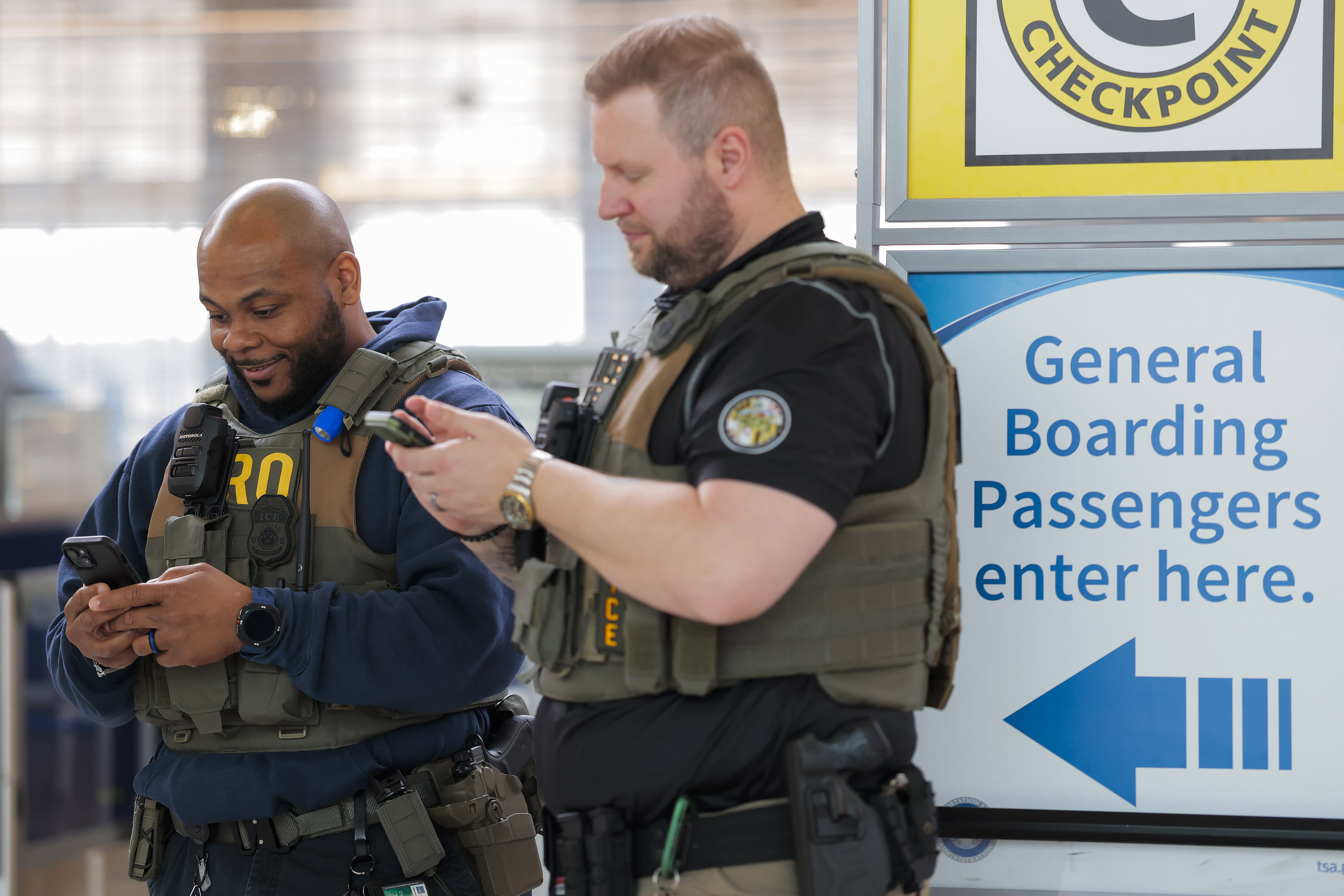   ICE agents patrol around BWI Airport on March 30, 2026 in Baltimore, Maryland.  (photo credit: Heather Diehl/Getty Images)