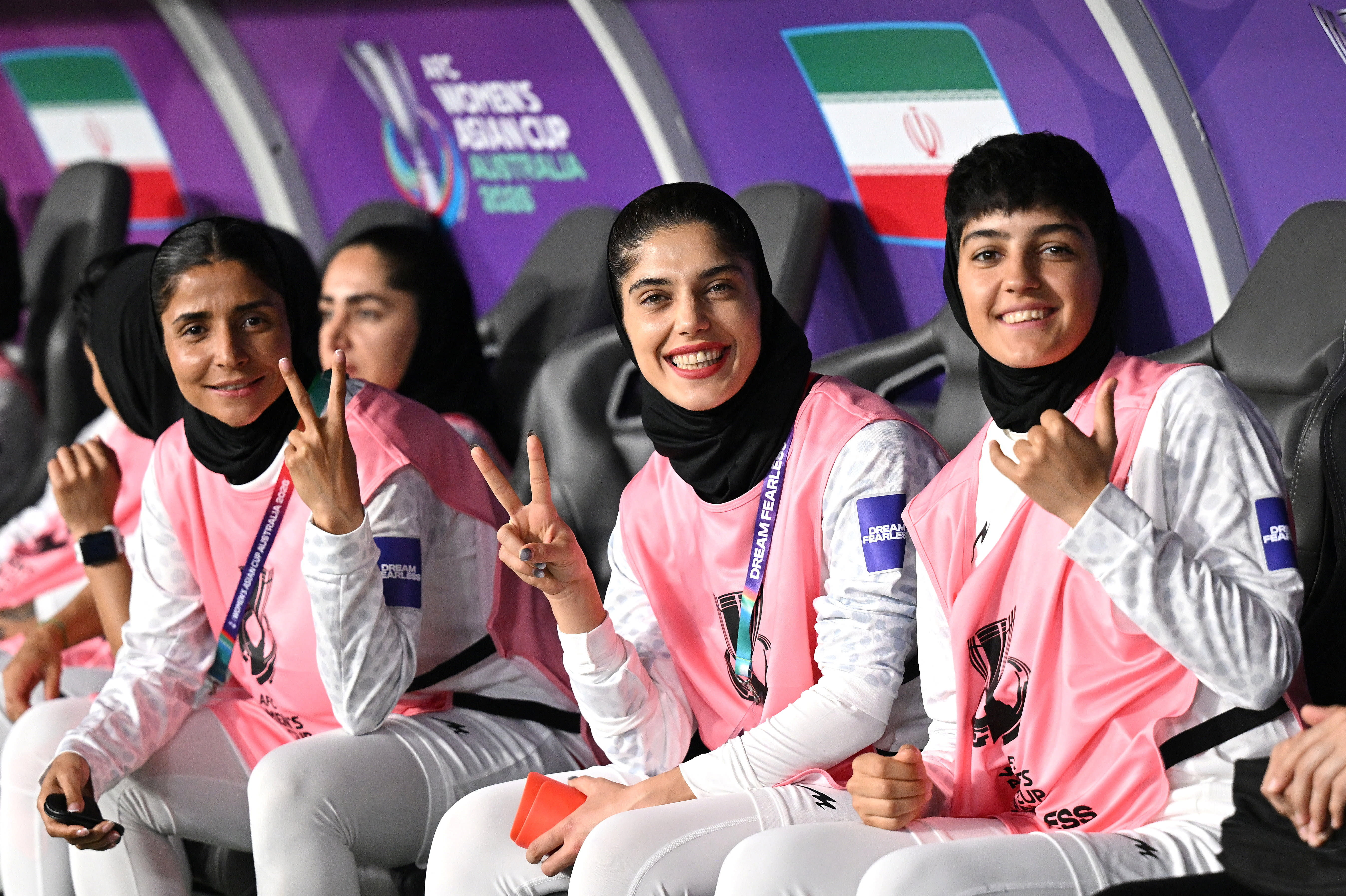 Iranian players gesture from the bench during the AFC Women’s Asian Cup Group A match between South Korea and Iran at Robina Stadium on the Gold Coast, Australia, March 2, 2026.  (photo credit: AAP/via REUTERS )
