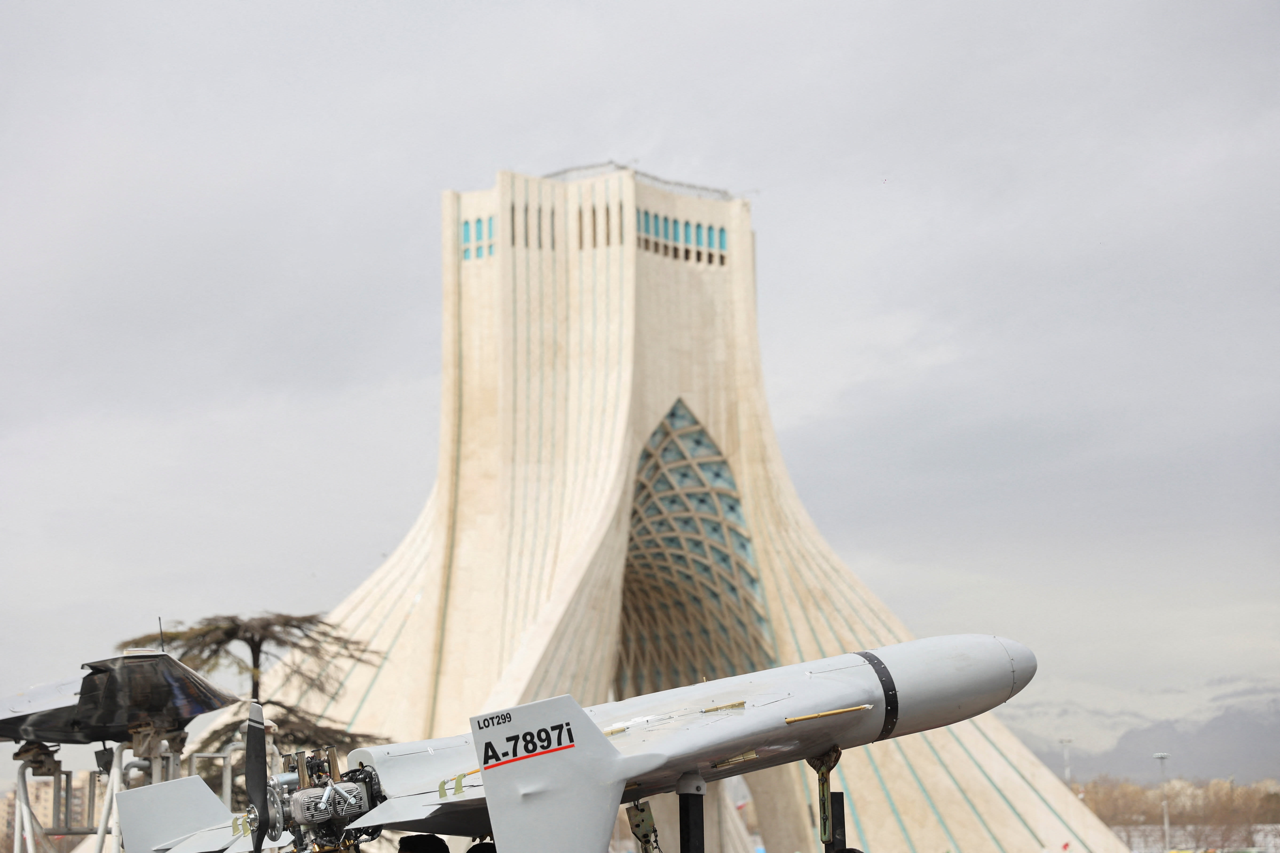 A Shahed drone on display during the 47th anniversary of the Islamic Revolution in Tehran, Iran February 11, 2026. (photo credit: MAJID ASGARIPOUR/WANA (WEST ASIA NEWS AGENCY) VIA REUTERS)