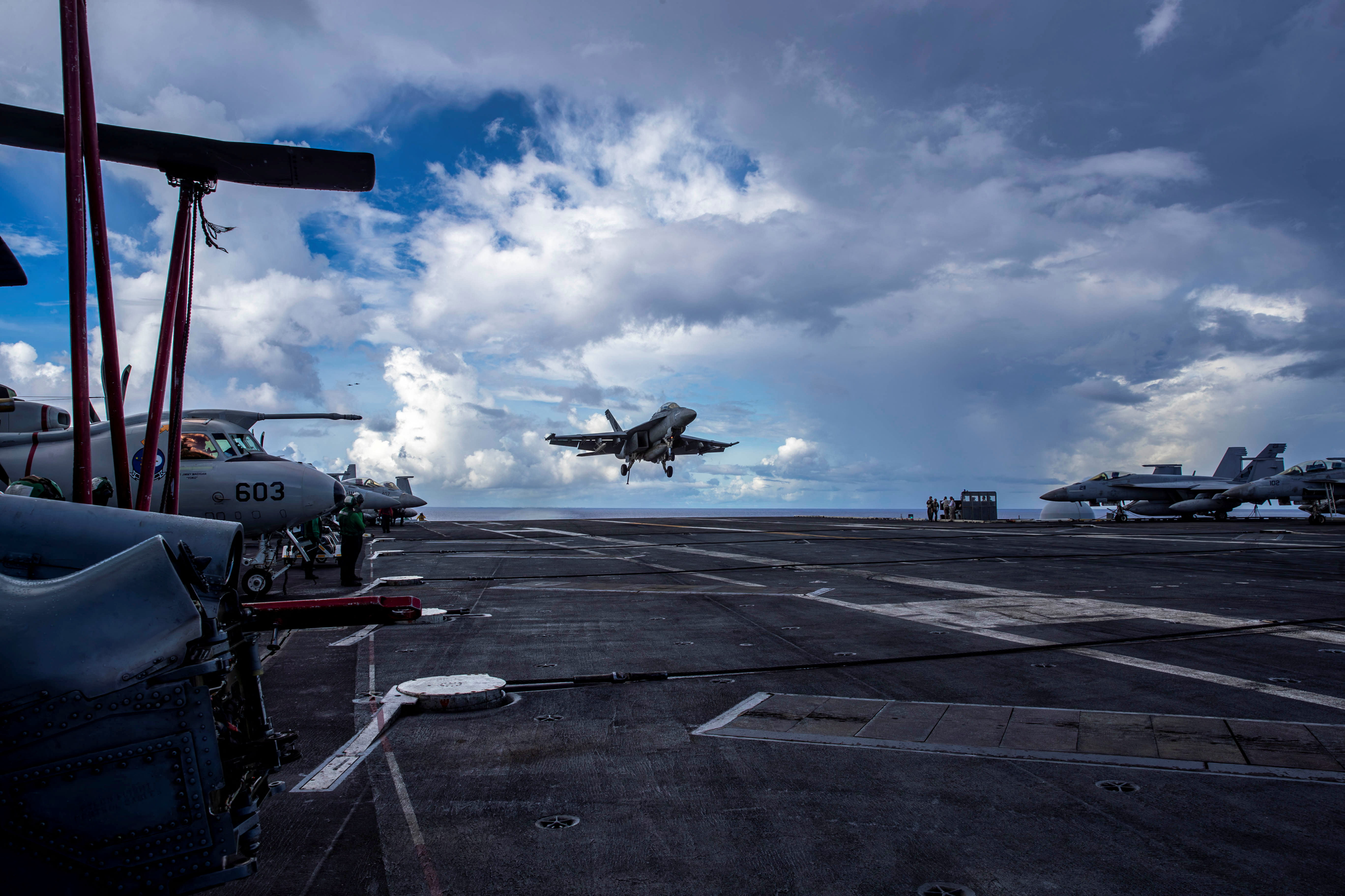 An F/A-18F Super Hornet, assigned to Strike Fighter Squadron (VFA) 41, prepares to make an arrested landing on the flight deck of the US Navy Nimitz-class aircraft carrier USS Abraham Lincoln in the Pacific Ocean August 10, 2024. (photo credit: Daniel Kimmelman/Handout via REUTERS)
