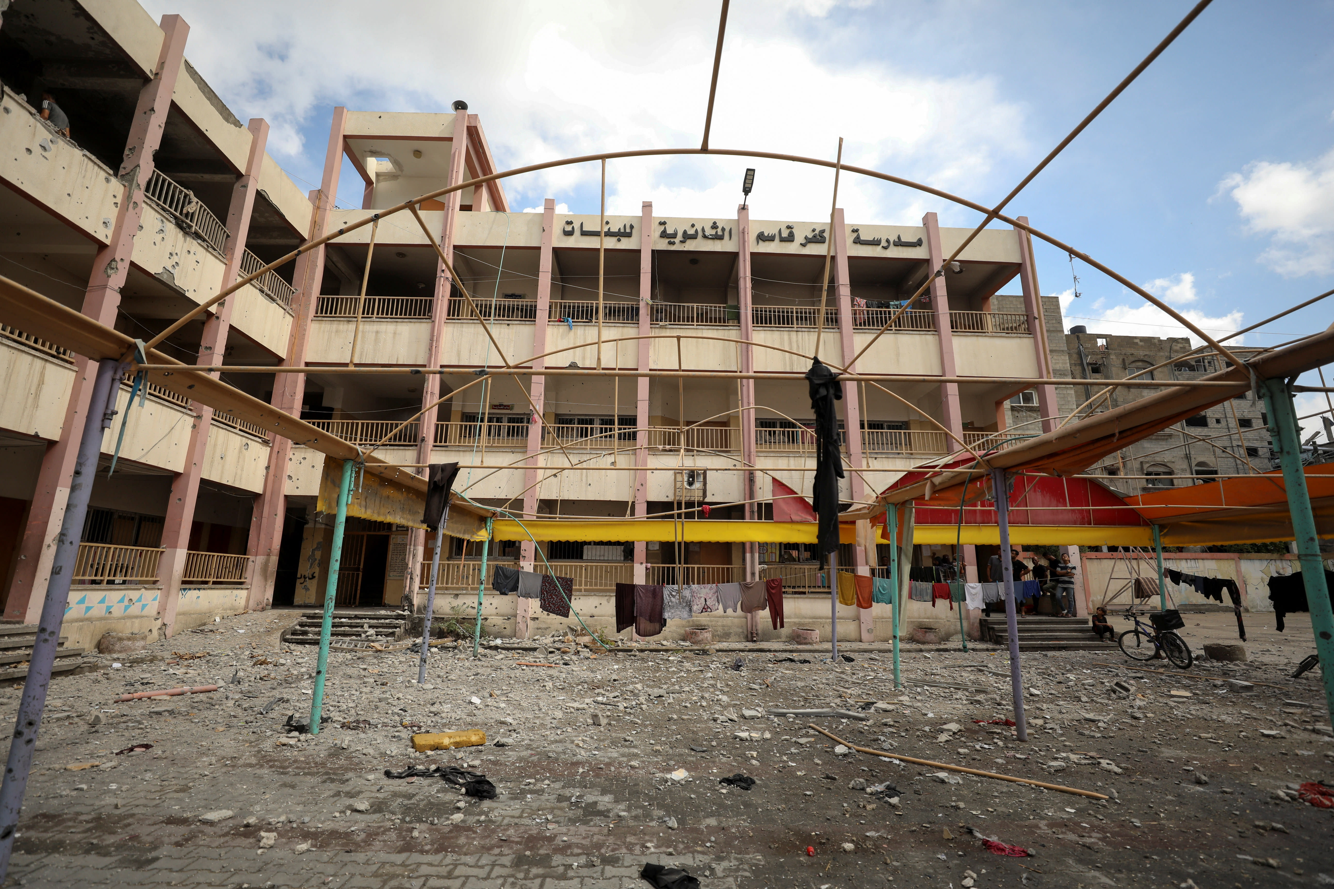  Palestinians view the damage inside a school sheltering displaced people after it was hit by an Israeli strike, amid the Israel-Hamas conflict, at Beach refugee camp in Gaza City, September 22, 2024. (photo credit: REUTERS/DAWOUD ABU ALKAS)