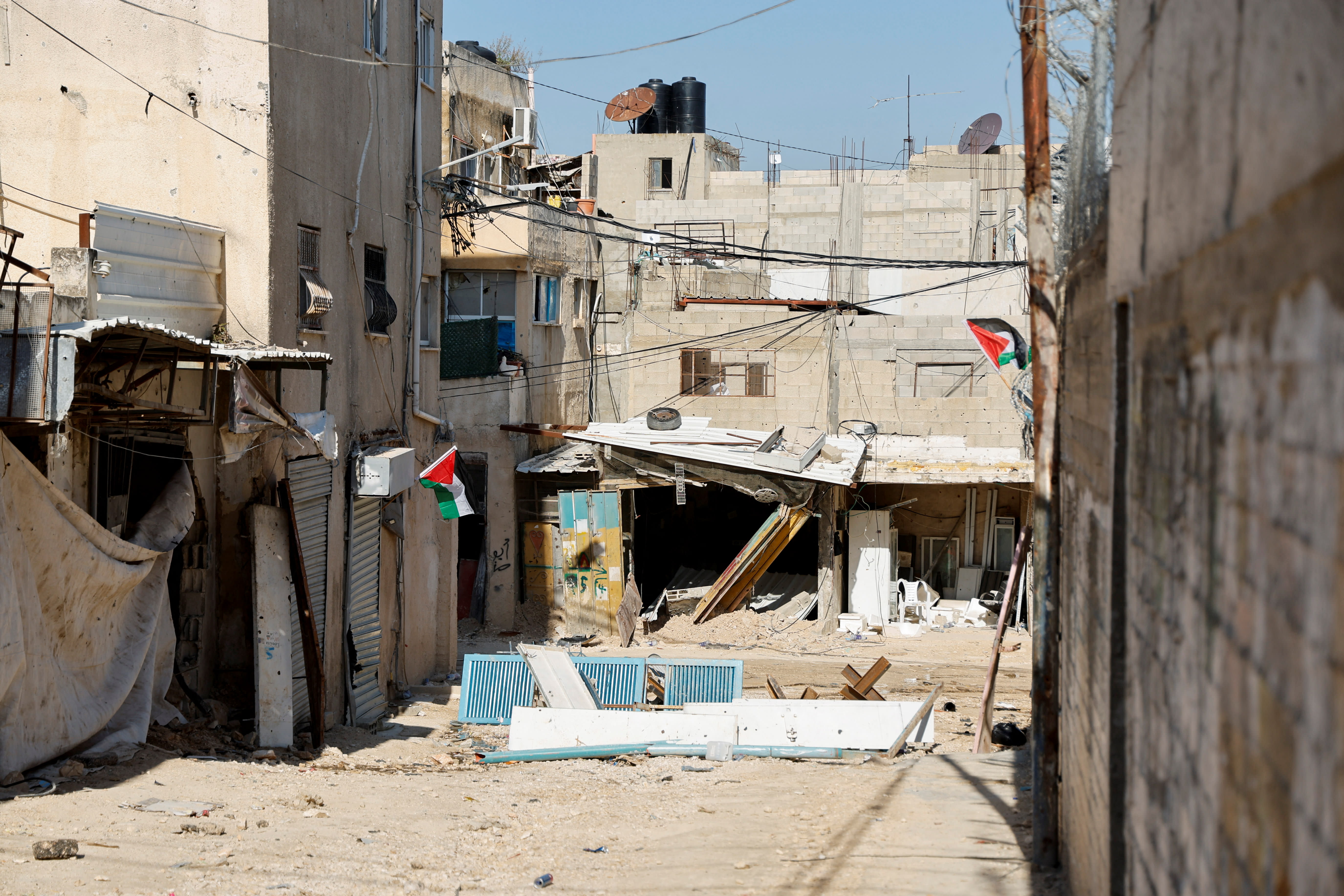  A road is barricaded in Jenin refugee camp, amid ongoing clashes between Palestinian Authority security forces and terrorists, in the West Bank, January 8, 2025. (photo credit: REUTERS/RANEEN SAWAFTA)