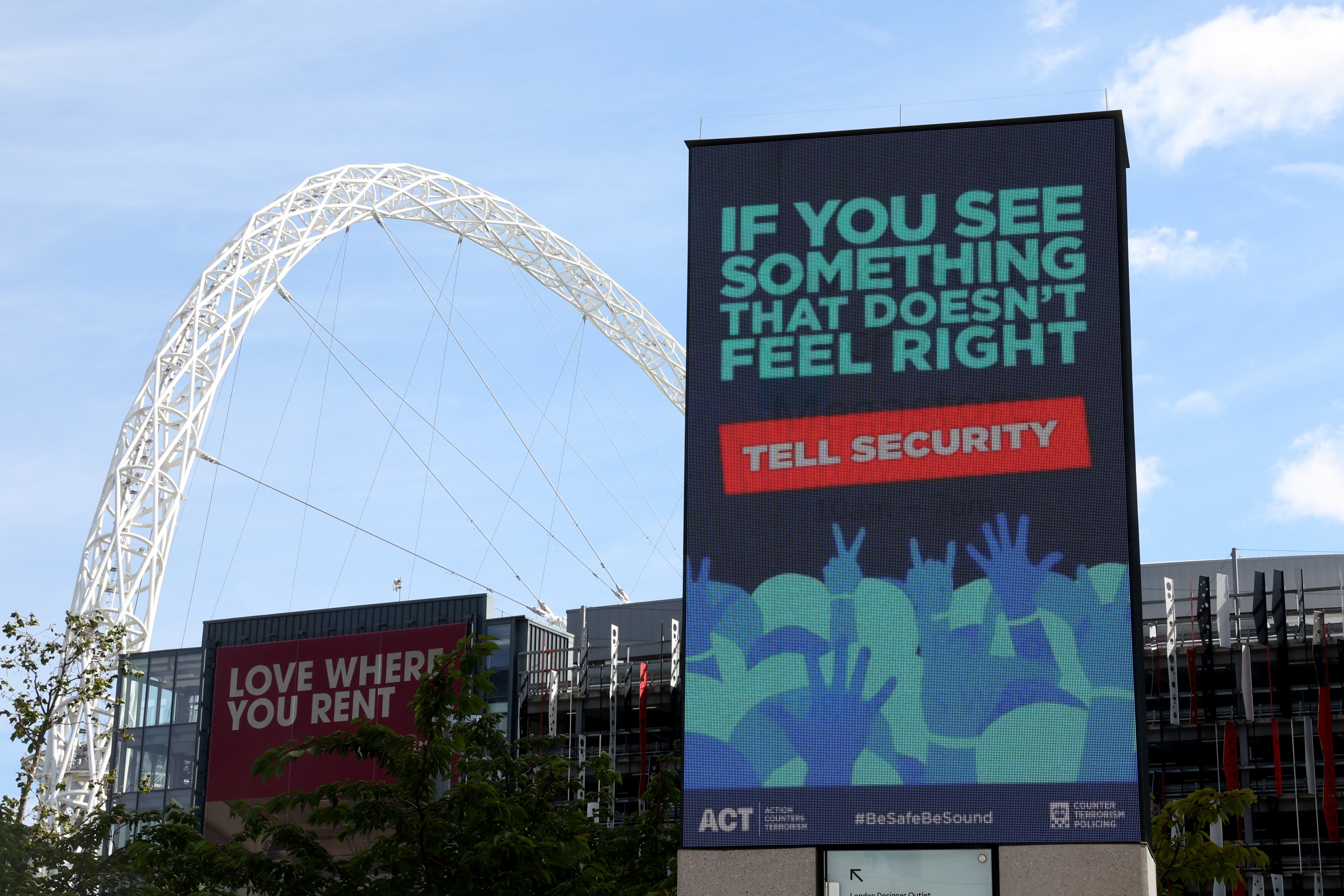 Security information is displayed ahead of a Taylor Swift concert, following the cancellation of three Taylor Swift concerts in Vienna because of a planned attack, outside Wembley Stadium in London, Britain, August 15, 2024. (photo credit: TOBY MELVILLE/REUTERS) Security information is displayed ahead of a Taylor Swift concert, following the cancellation of three Taylor Swift concerts in Vienna because of a planned attack, outside Wembley Stadium in London, Britain, August 15, 2024. (photo credit: TOBY MELVILLE/REUTERS)