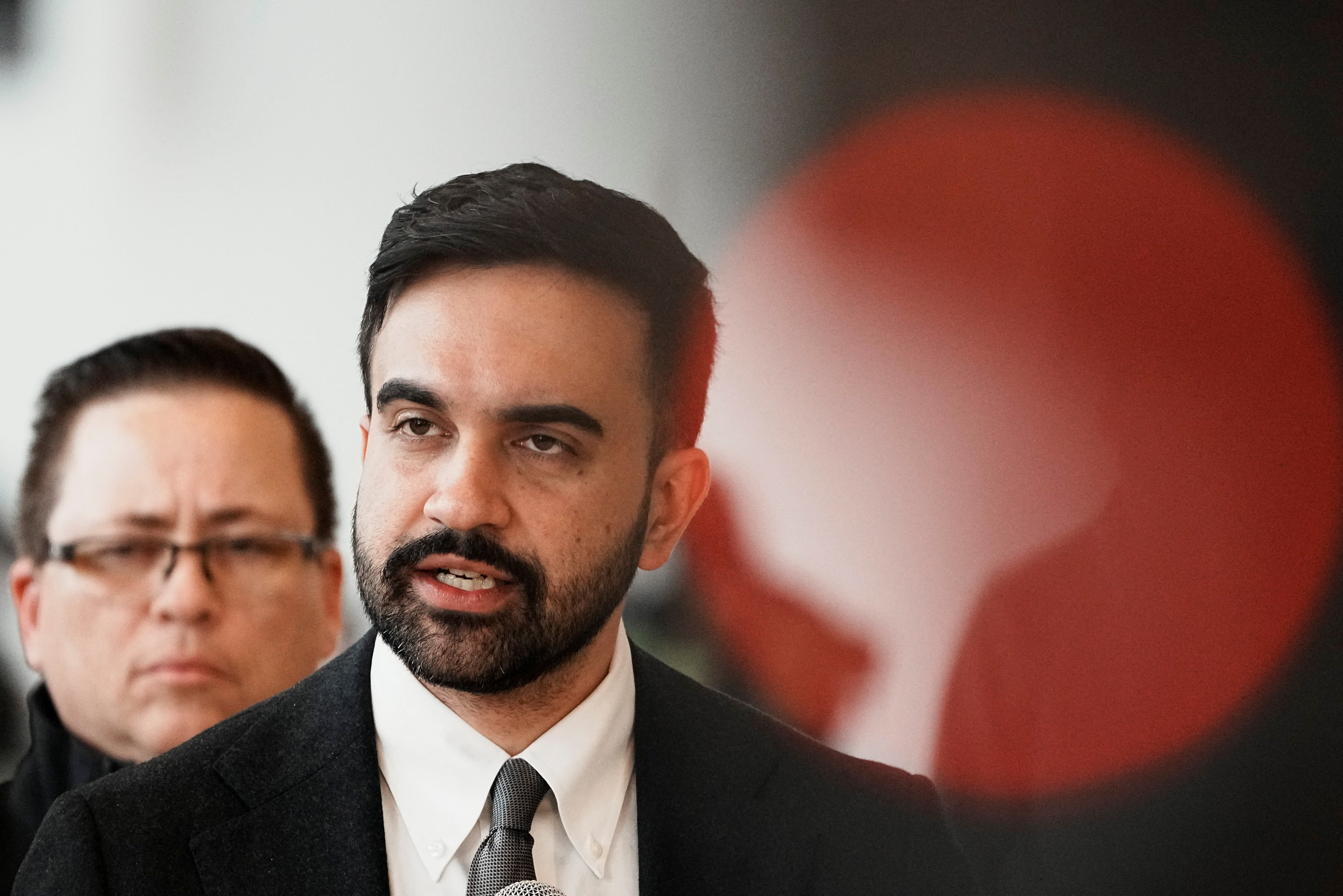 NYC Mayor Zohran Mamdani speaks at a press conference at New York