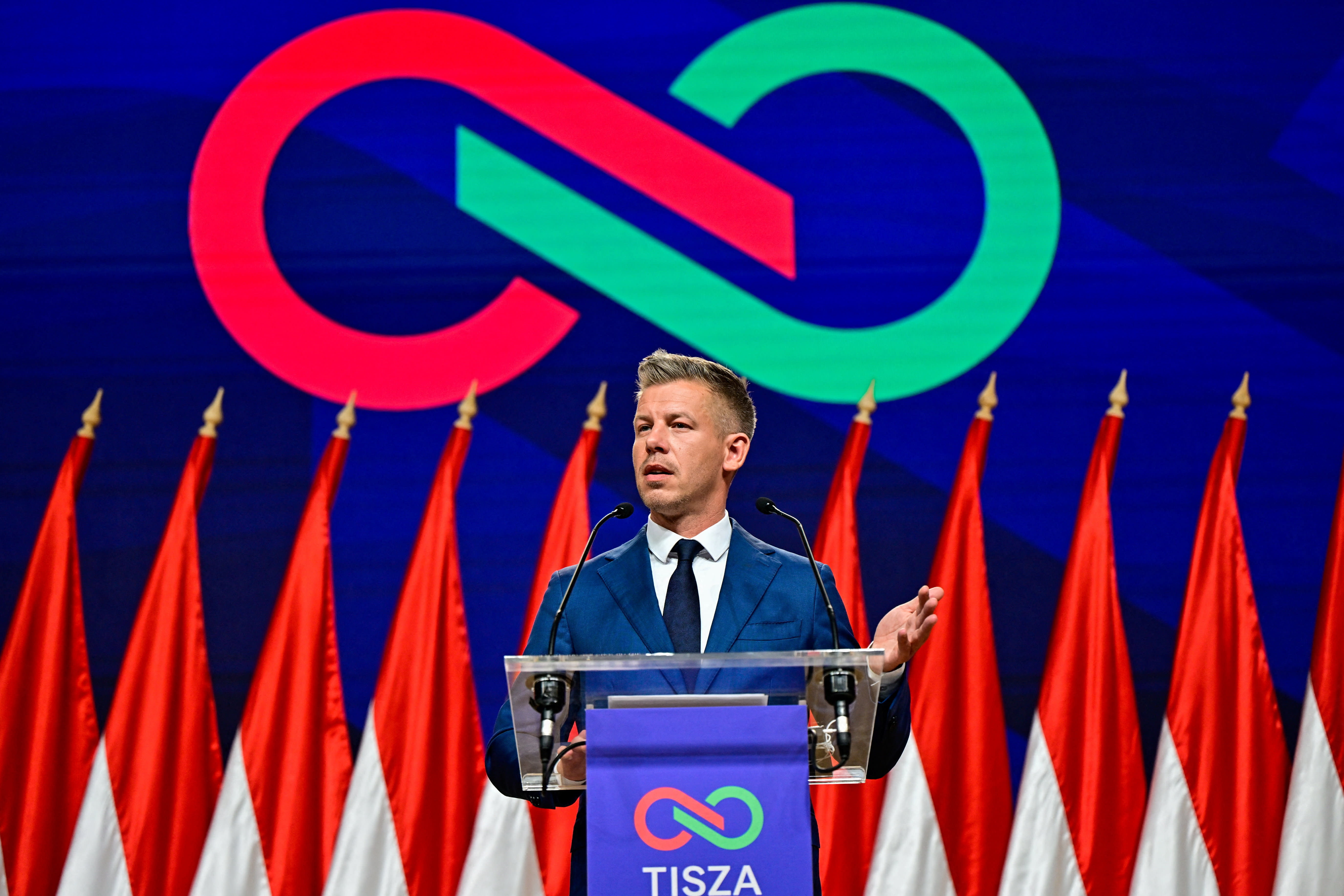 PETER MAGYAR, leader of the opposition Tisza Party, speaks during a press conference a day after the parliamentary election, in which Hungarian Prime Minister Viktor Orban conceded defeat, Budapest, Hungary, April 13, 2026. (photo credit: REUTERS/MARTON MONUS)